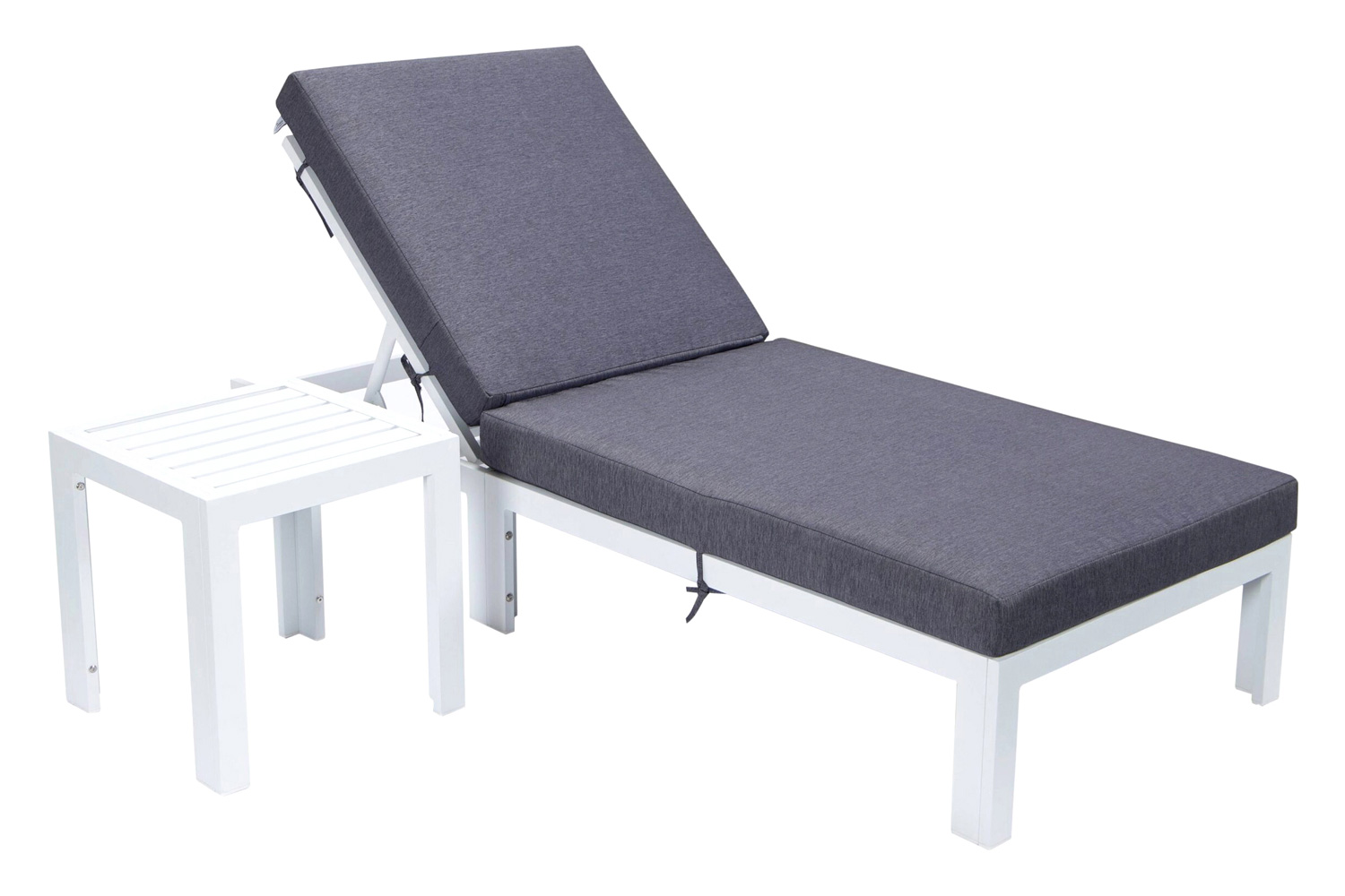 LeisureMod Chelsea Modern Outdoor White Chaise Lounge Chair with Side Table and Cushions - Blue