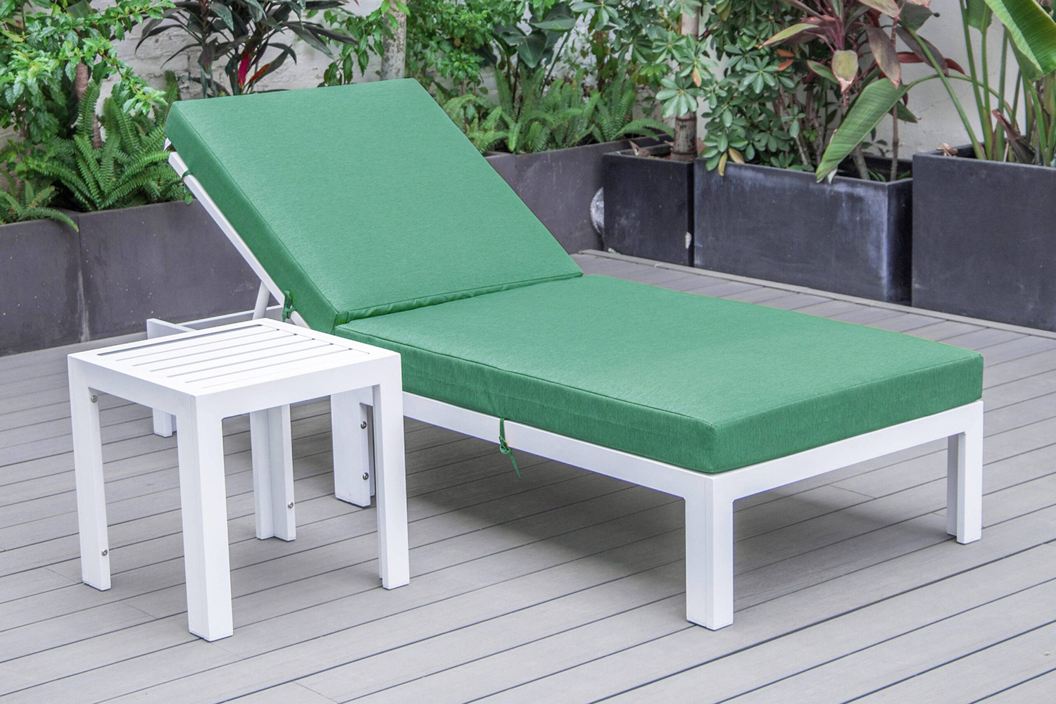 LeisureMod Chelsea Modern Outdoor White Chaise Lounge Chair with Side Table and Cushions - Green