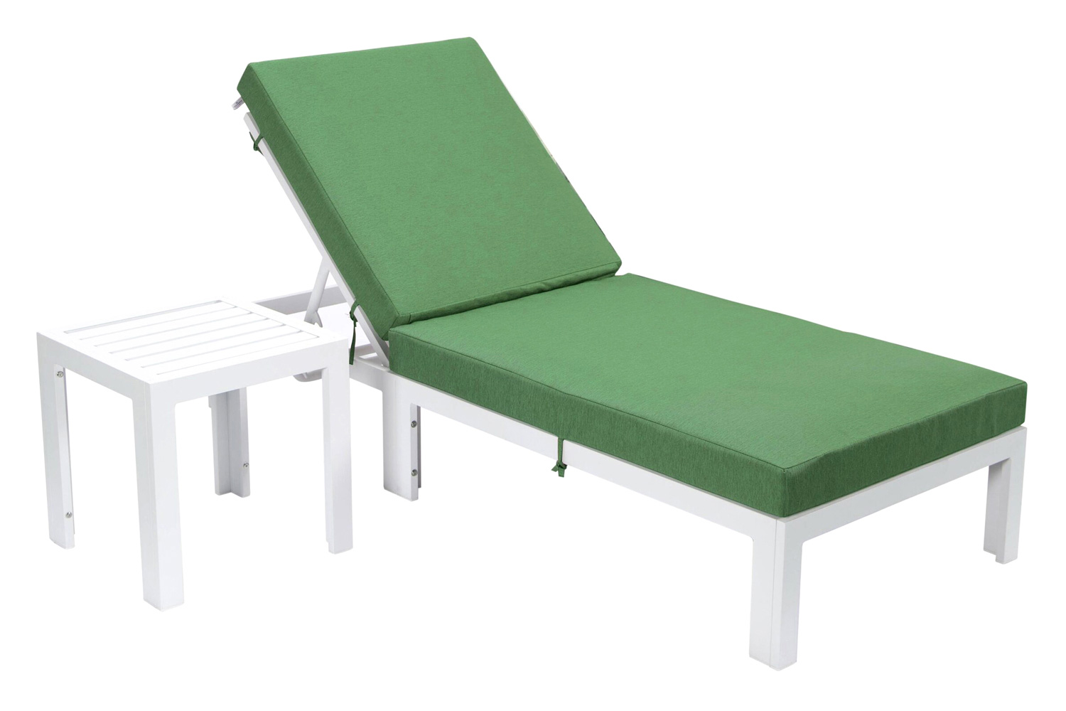 LeisureMod Chelsea Modern Outdoor White Chaise Lounge Chair with Side Table and Cushions - Green