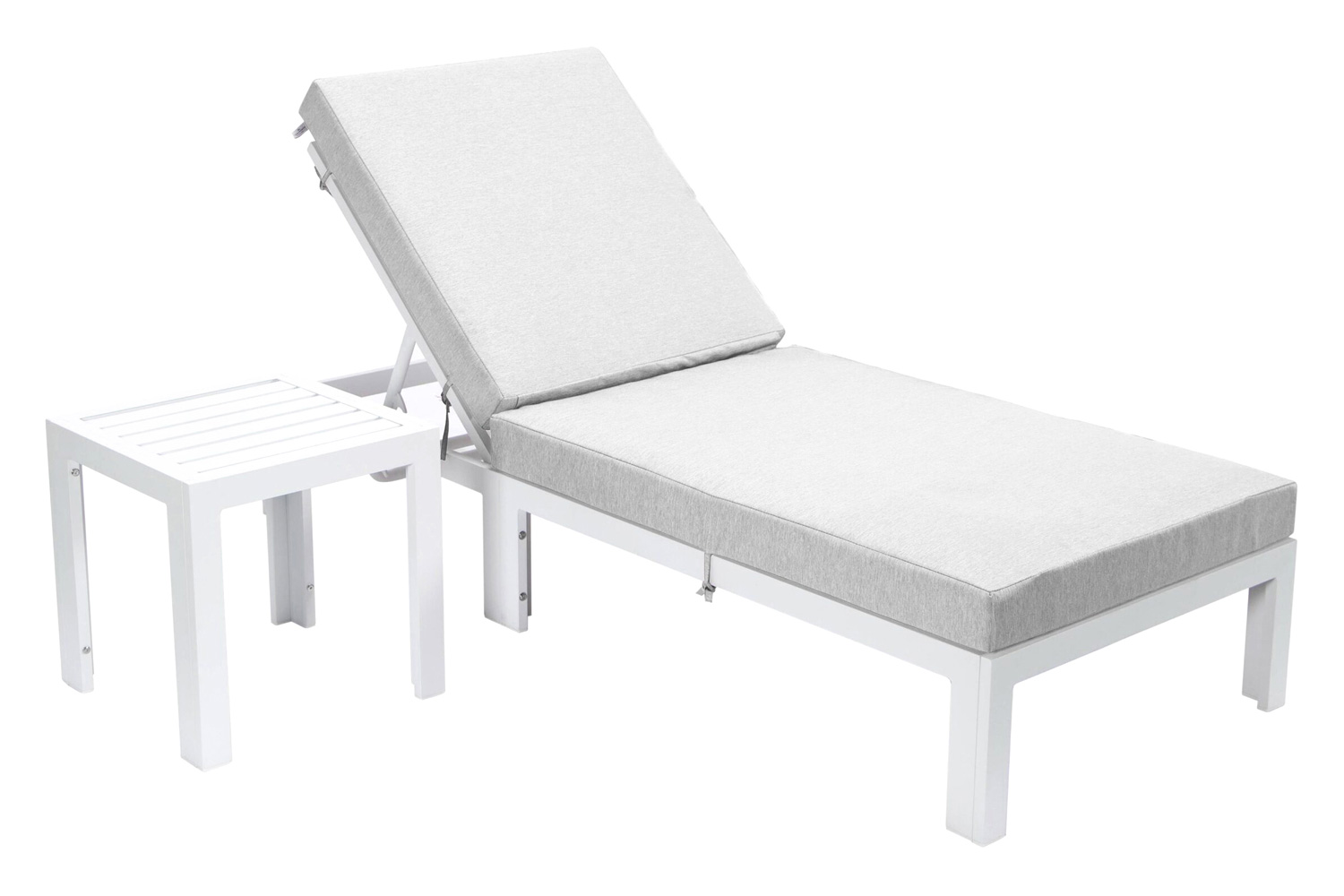 LeisureMod Chelsea Modern Outdoor White Chaise Lounge Chair with Side Table and Cushions - Light Gray