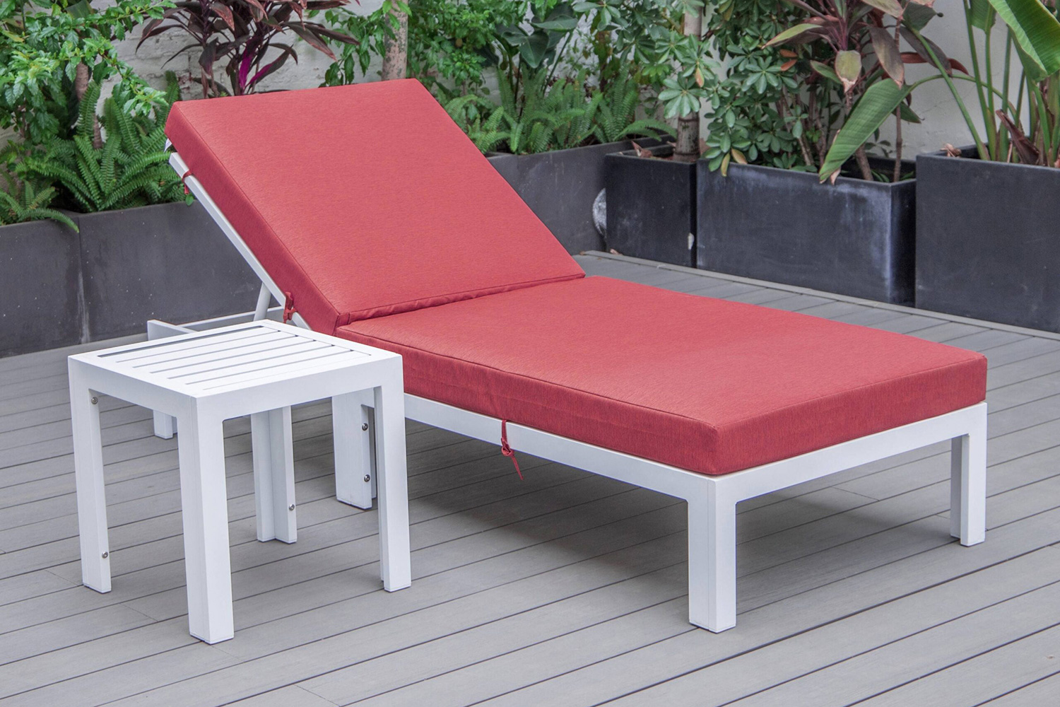 LeisureMod Chelsea Modern Outdoor White Chaise Lounge Chair with Side Table and Cushions - Red