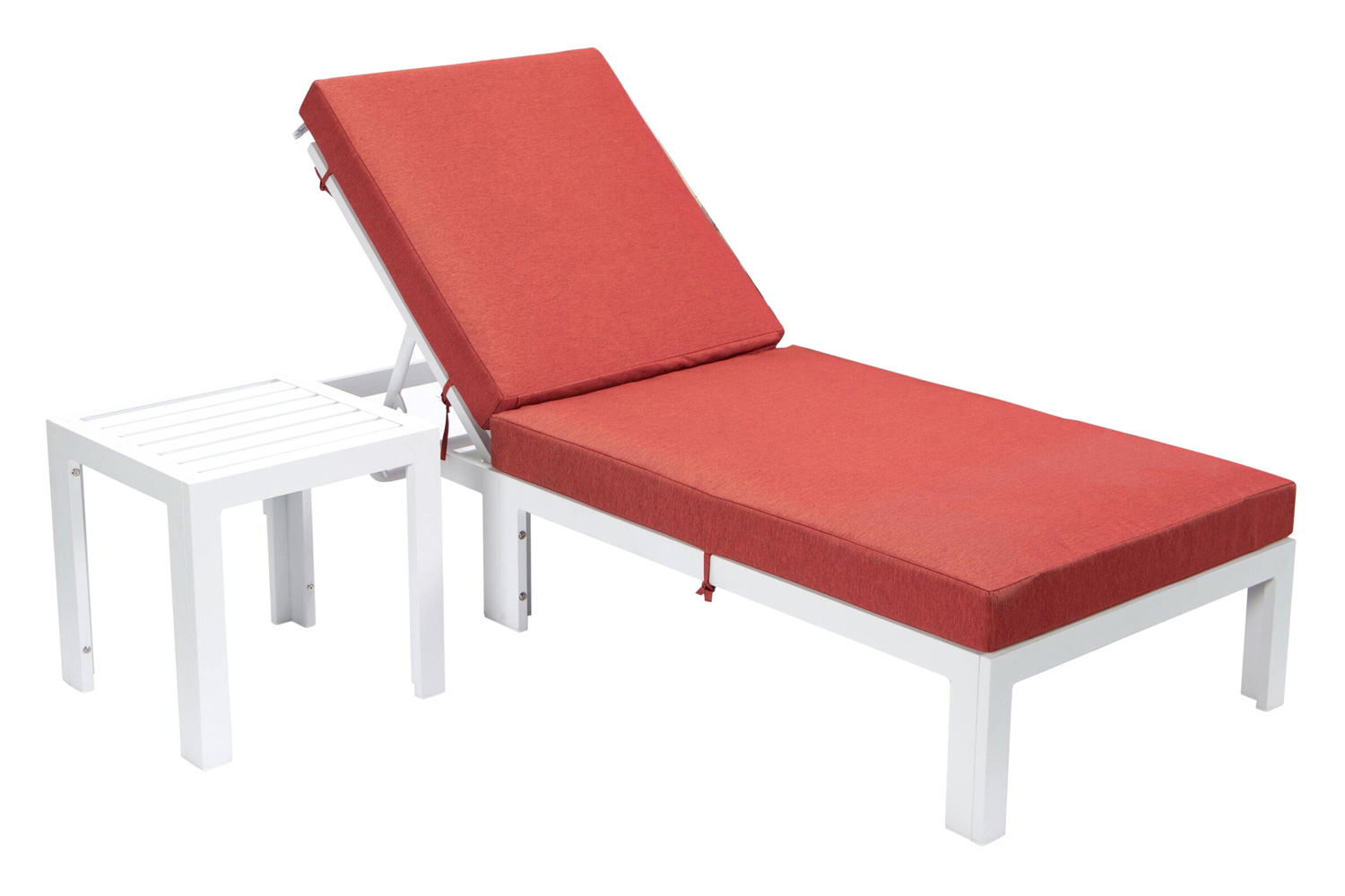 LeisureMod Chelsea Modern Outdoor White Chaise Lounge Chair with Side Table and Cushions - Red