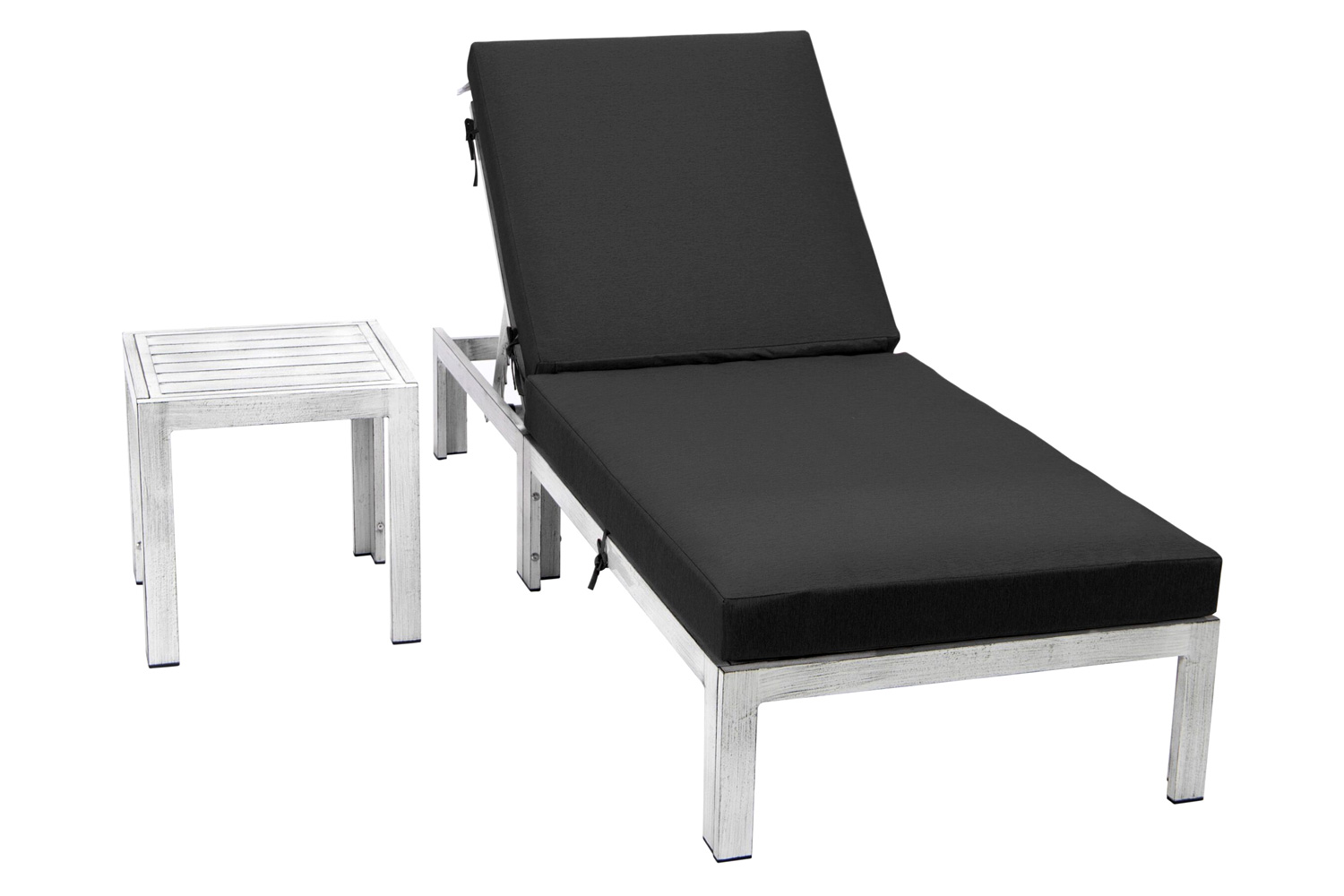 LeisureMod Chelsea Modern Outdoor Weathered Gray Chaise Lounge Chair with Side Table and Cushions - Black