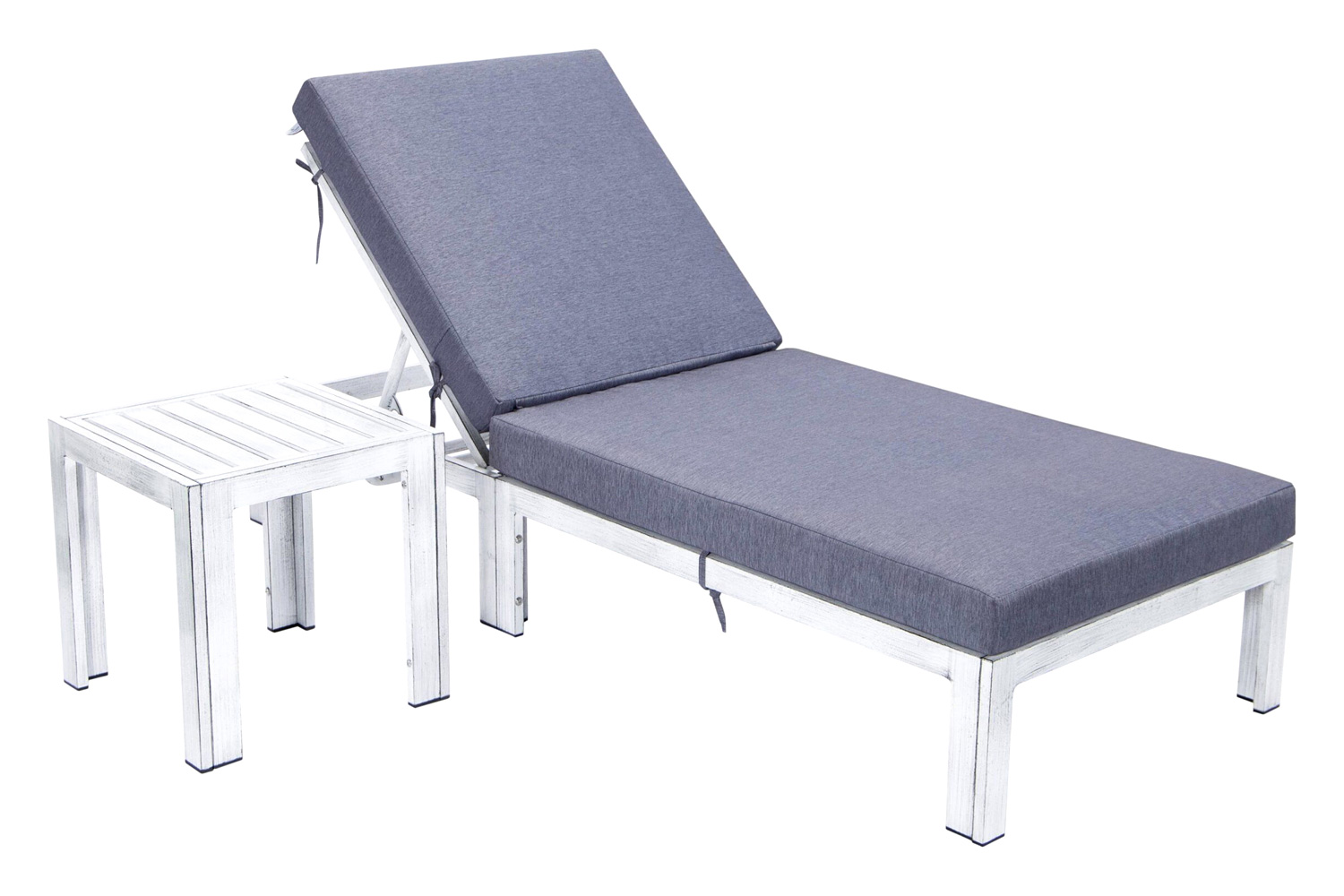 LeisureMod Chelsea Modern Outdoor Weathered Gray Chaise Lounge Chair with Side Table and Cushions