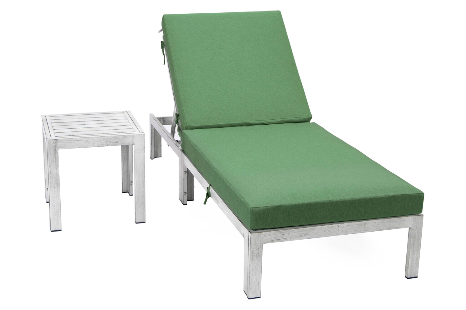 LeisureMod Chelsea Modern Outdoor Weathered Gray Chaise Lounge Chair with Side Table and Cushions - Green