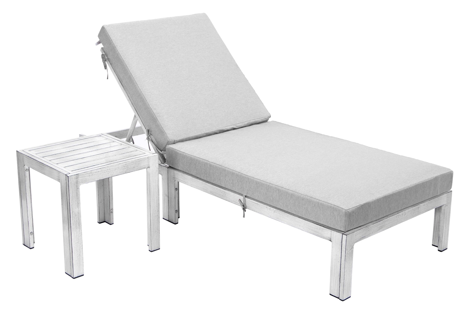 LeisureMod Chelsea Modern Outdoor Weathered Gray Chaise Lounge Chair with Side Table and Cushions