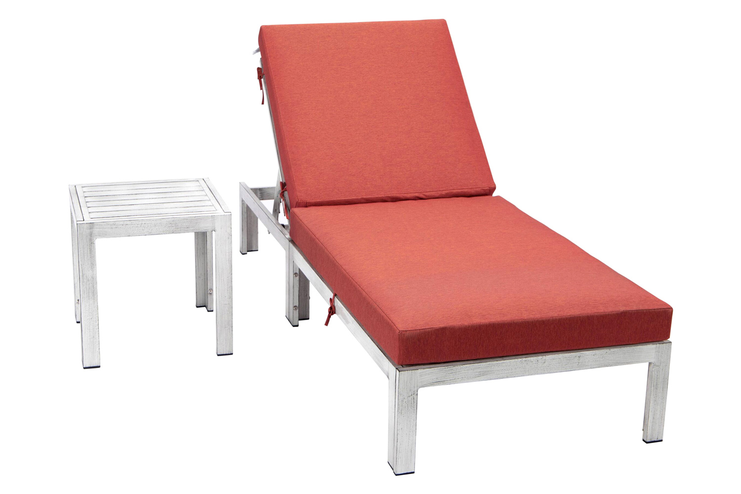 LeisureMod Chelsea Modern Outdoor Weathered Gray Chaise Lounge Chair with Side Table and Cushions - Red