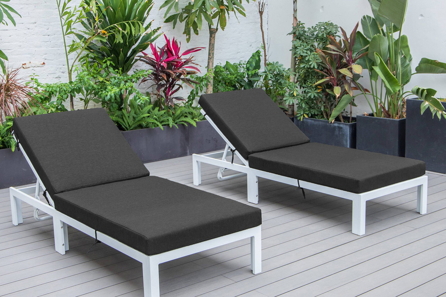 LeisureMod Chelsea Modern Outdoor White Chaise Lounge Chair with Cushions (Set Of 2) - Black