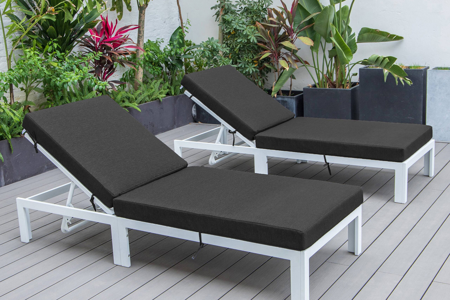 LeisureMod Chelsea Modern Outdoor White Chaise Lounge Chair with Cushions (Set Of 2) - Black