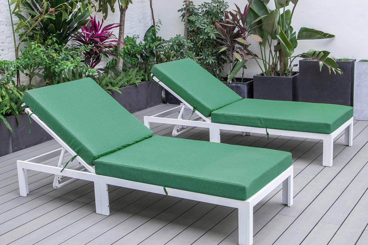 LeisureMod Chelsea Modern Outdoor White Chaise Lounge Chair with Cushions (Set Of 2) - Green