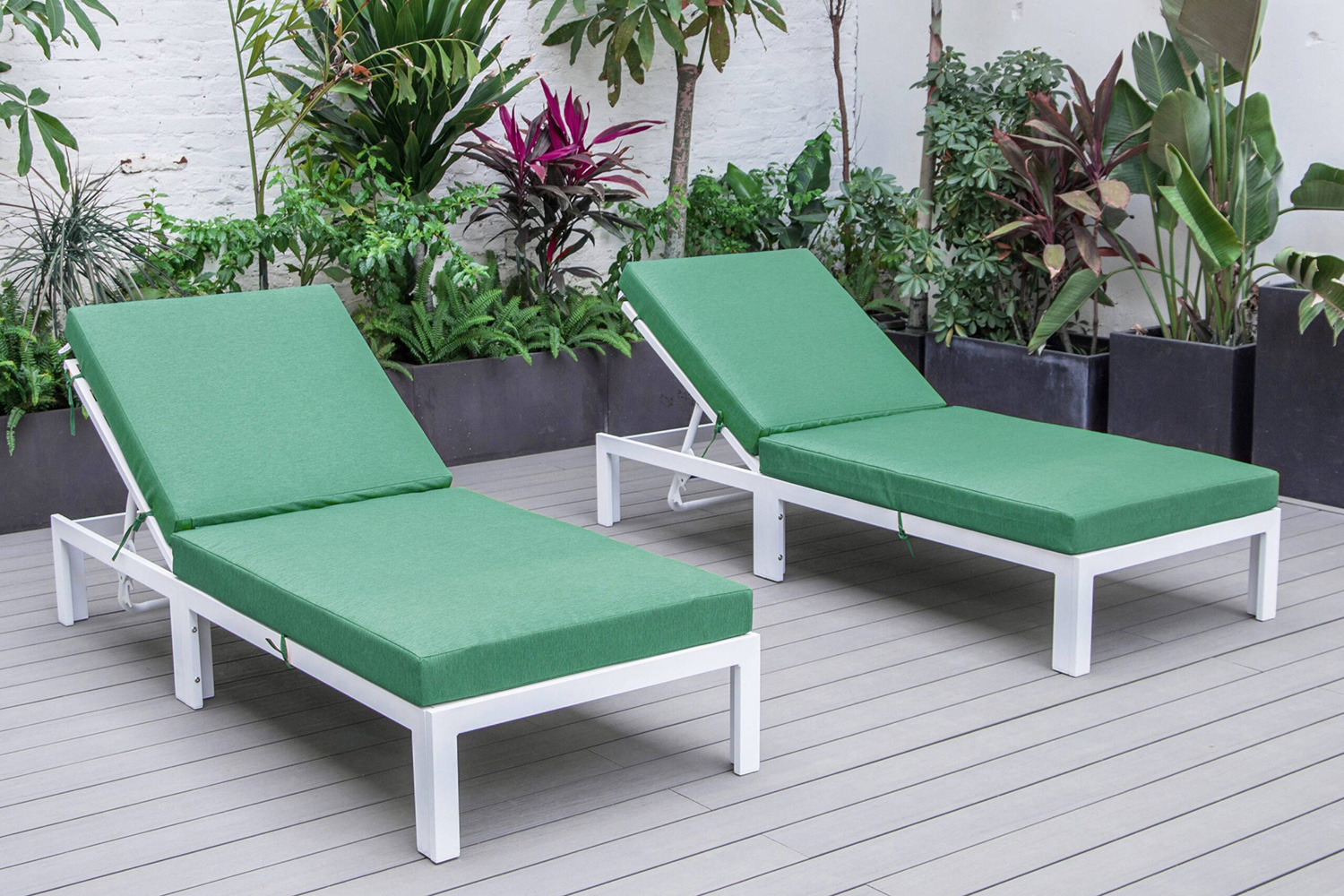 LeisureMod Chelsea Modern Outdoor White Chaise Lounge Chair with Cushions (Set Of 2) - Green