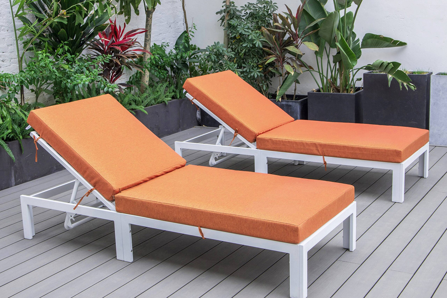 LeisureMod Chelsea Modern Outdoor White Chaise Lounge Chair with Cushions (Set Of 2) - Orange