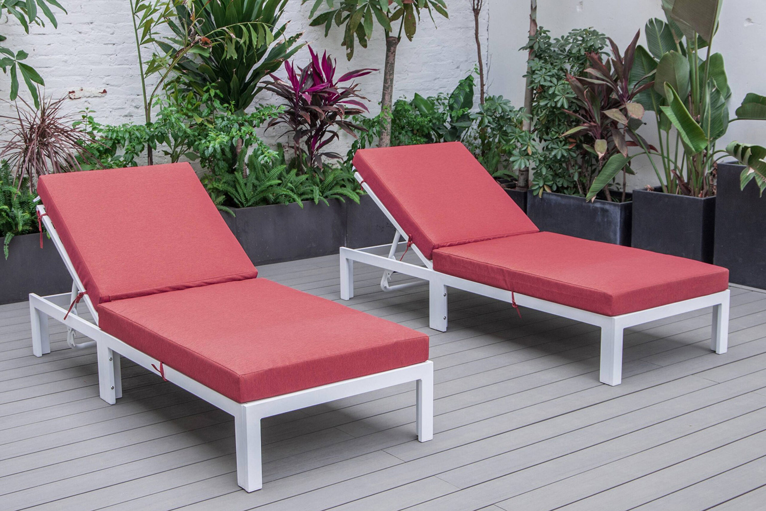 LeisureMod Chelsea Modern Outdoor White Chaise Lounge Chair with Cushions (Set Of 2) - Red