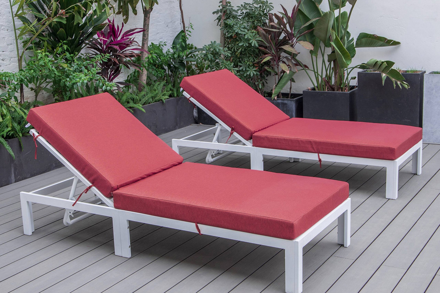 LeisureMod Chelsea Modern Outdoor White Chaise Lounge Chair with Cushions (Set Of 2) - Red