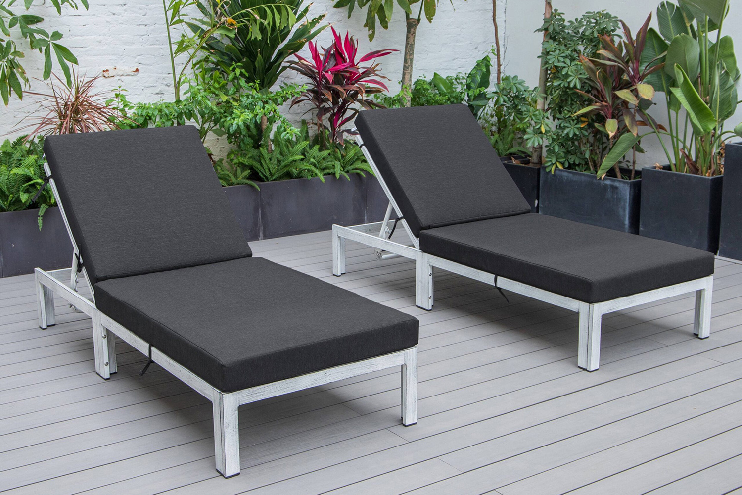 LeisureMod Chelsea Modern Outdoor Weathered Gray Chaise Lounge Chair with Cushions (Set Of 2) - Black