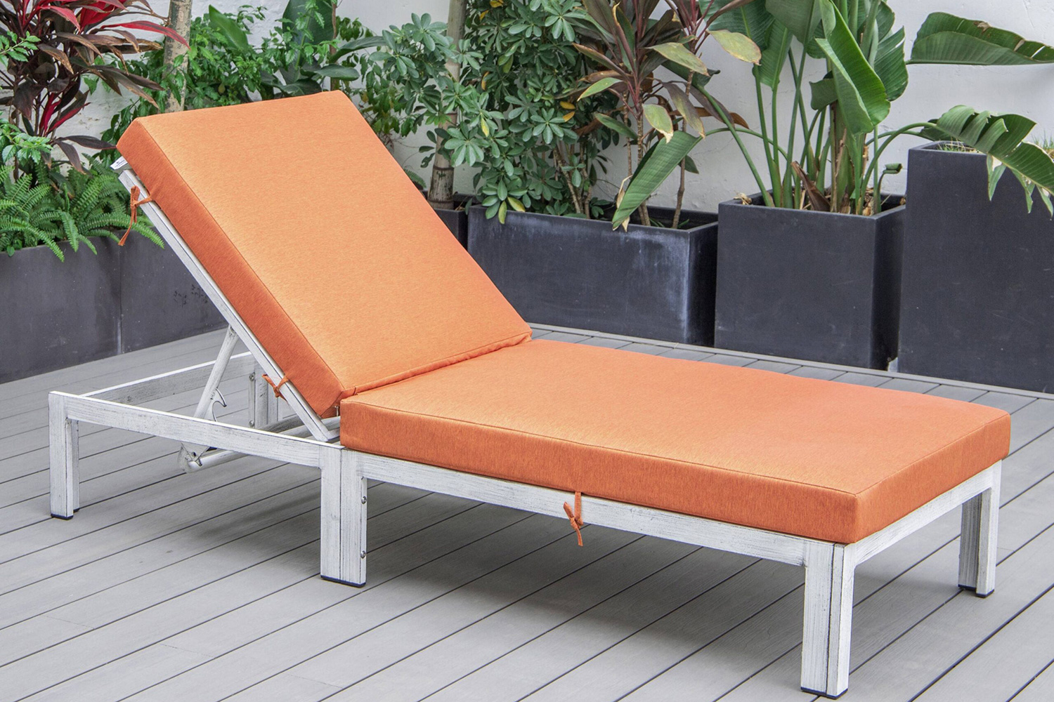 LeisureMod Chelsea Modern Outdoor Weathered Gray Chaise Lounge Chair with Cushions - Orange