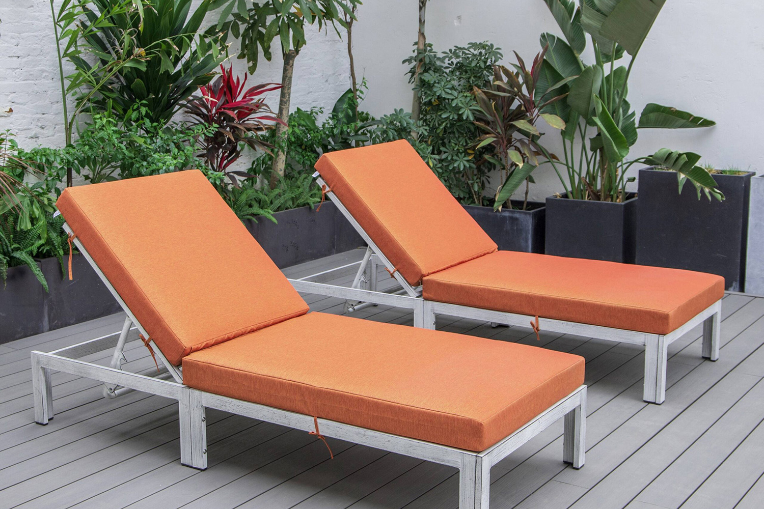 LeisureMod Chelsea Modern Outdoor Weathered Gray Chaise Lounge Chair with Cushions (Set Of 2) - Orange