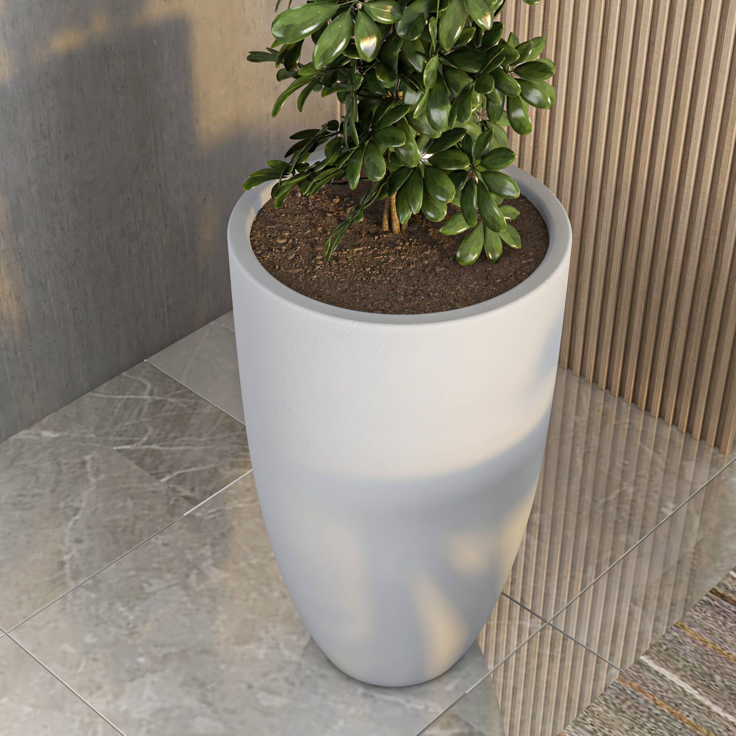 LeisureMod Crete Modern 16" Tapered Round Planter Pot in Fiberstone and Clay - Aged Concrete