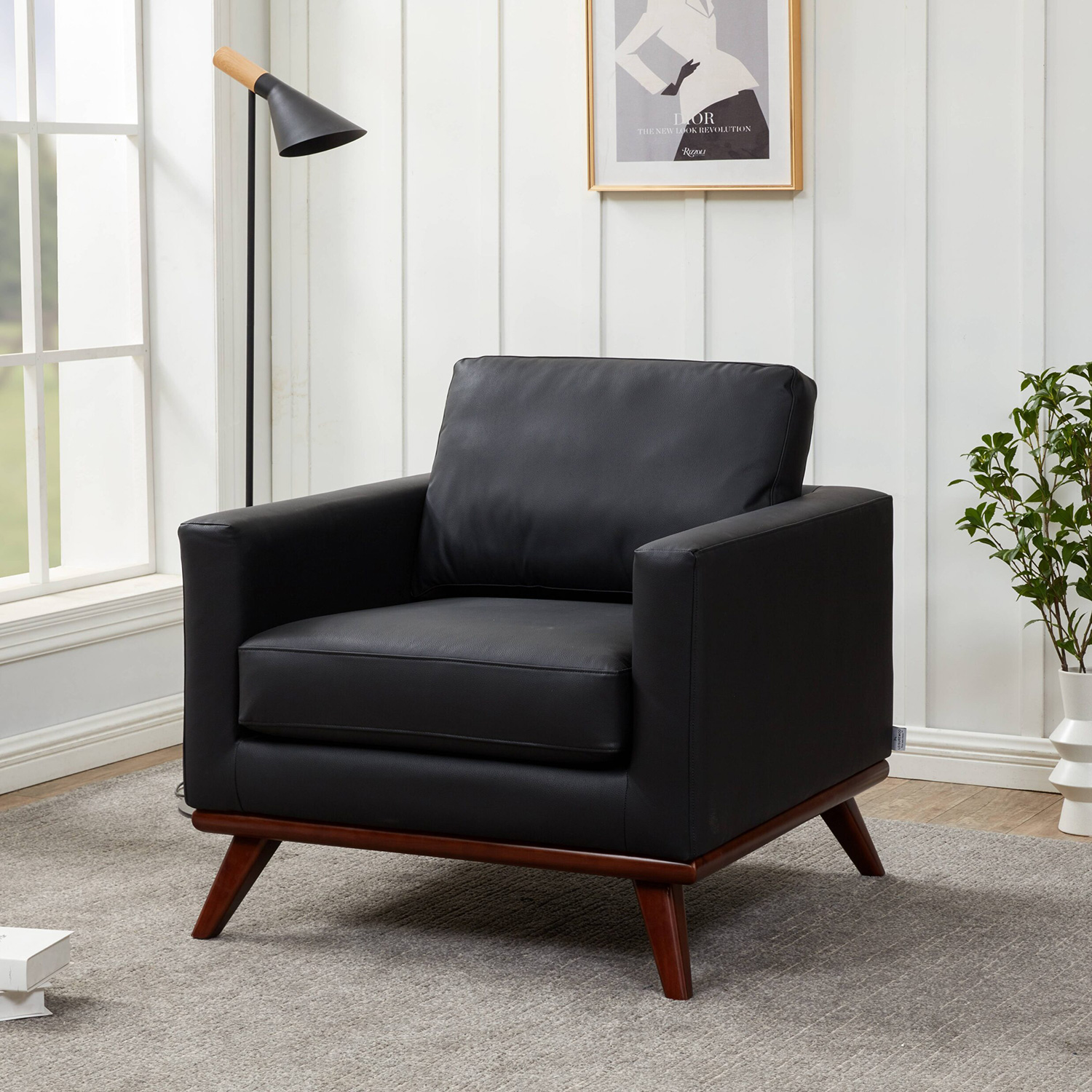 LeisureMod™ Chester Modern Leather Accent Arm Chair With Birch Wood Base - Black