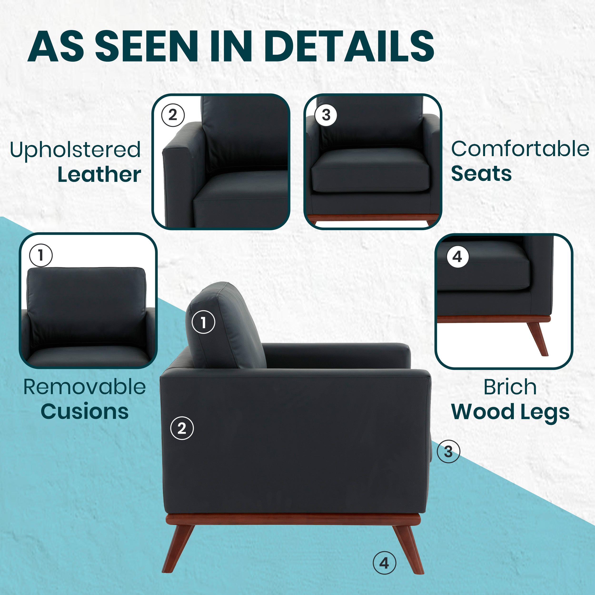 LeisureMod™ Chester Modern Leather Accent Arm Chair With Birch Wood Base - Black