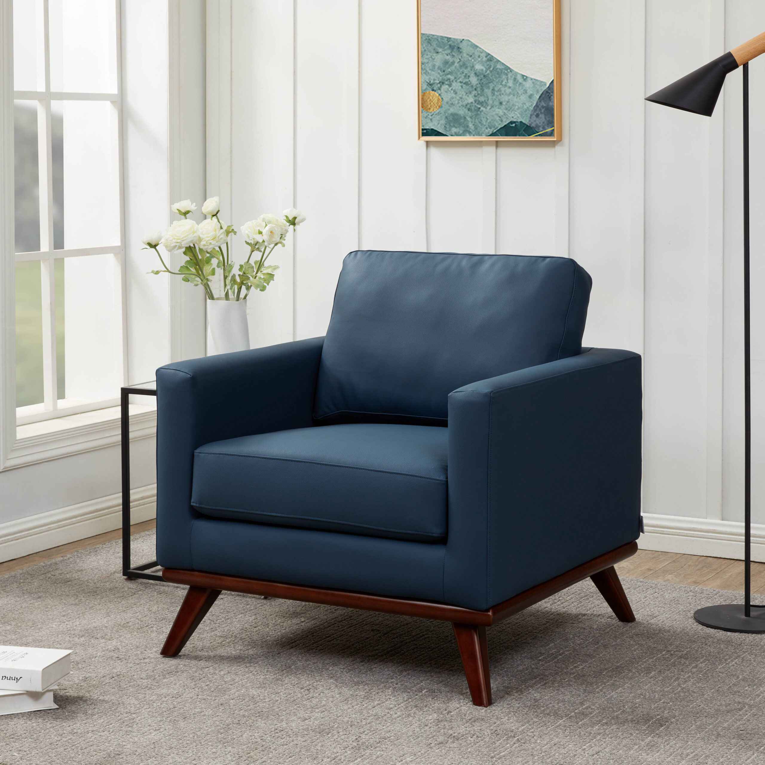 LeisureMod Chester Modern Leather Accent Arm Chair With Birch Wood Base - Navy Blue