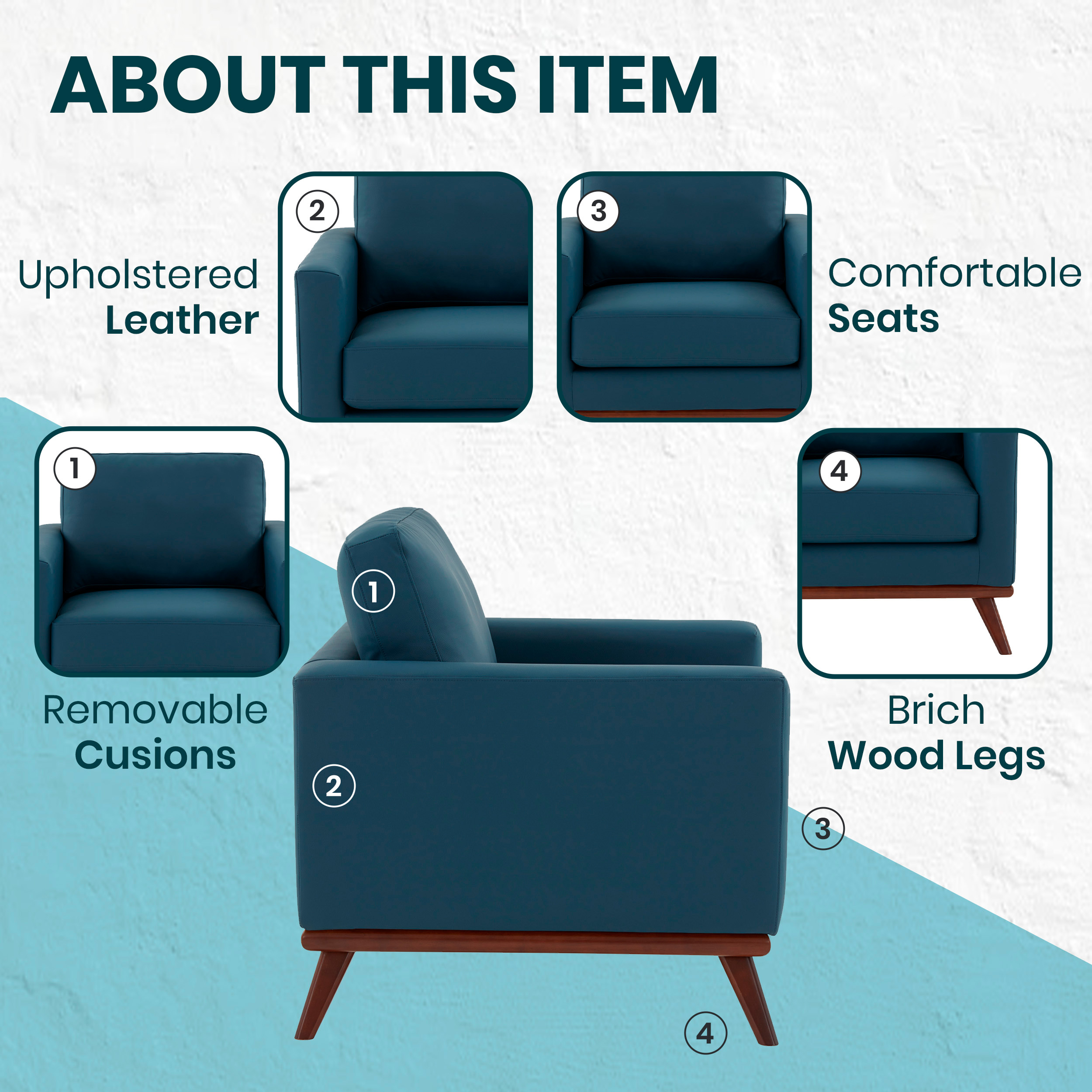 LeisureMod Chester Modern Leather Accent Arm Chair With Birch Wood Base - Navy Blue