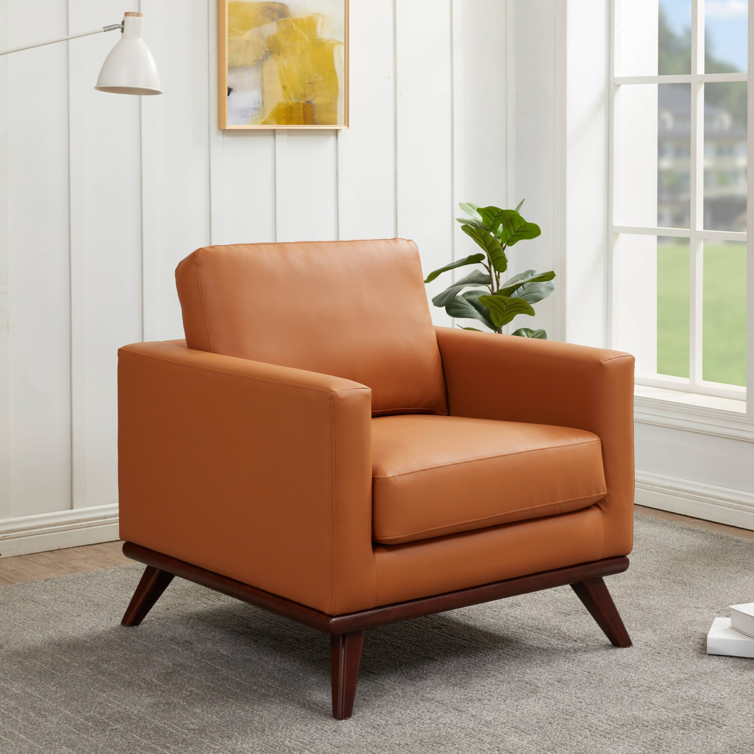 LeisureMod™ Chester Modern Leather Accent Arm Chair With Birch Wood Base - Cognac Tan