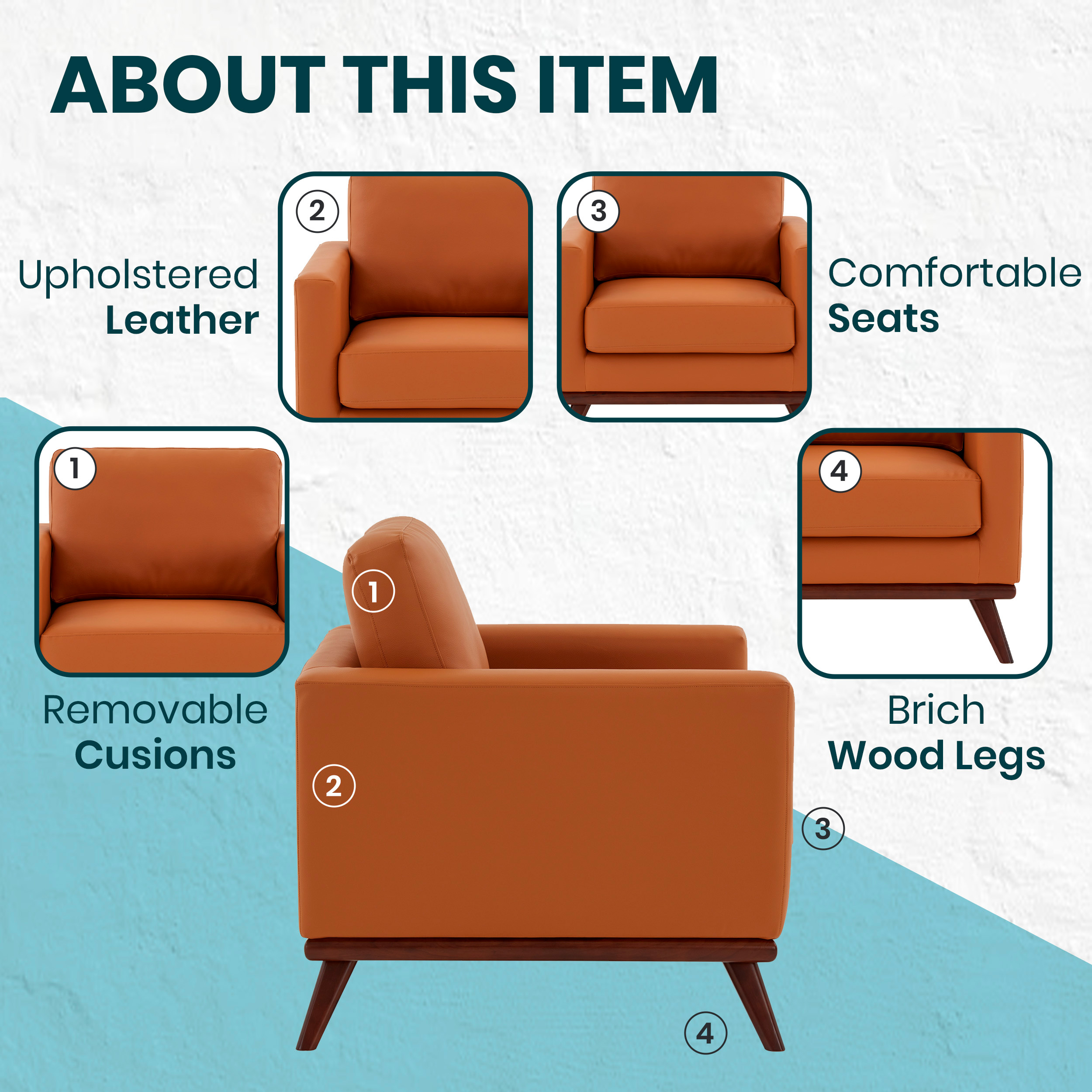 LeisureMod™ Chester Modern Leather Accent Arm Chair With Birch Wood Base - Cognac Tan