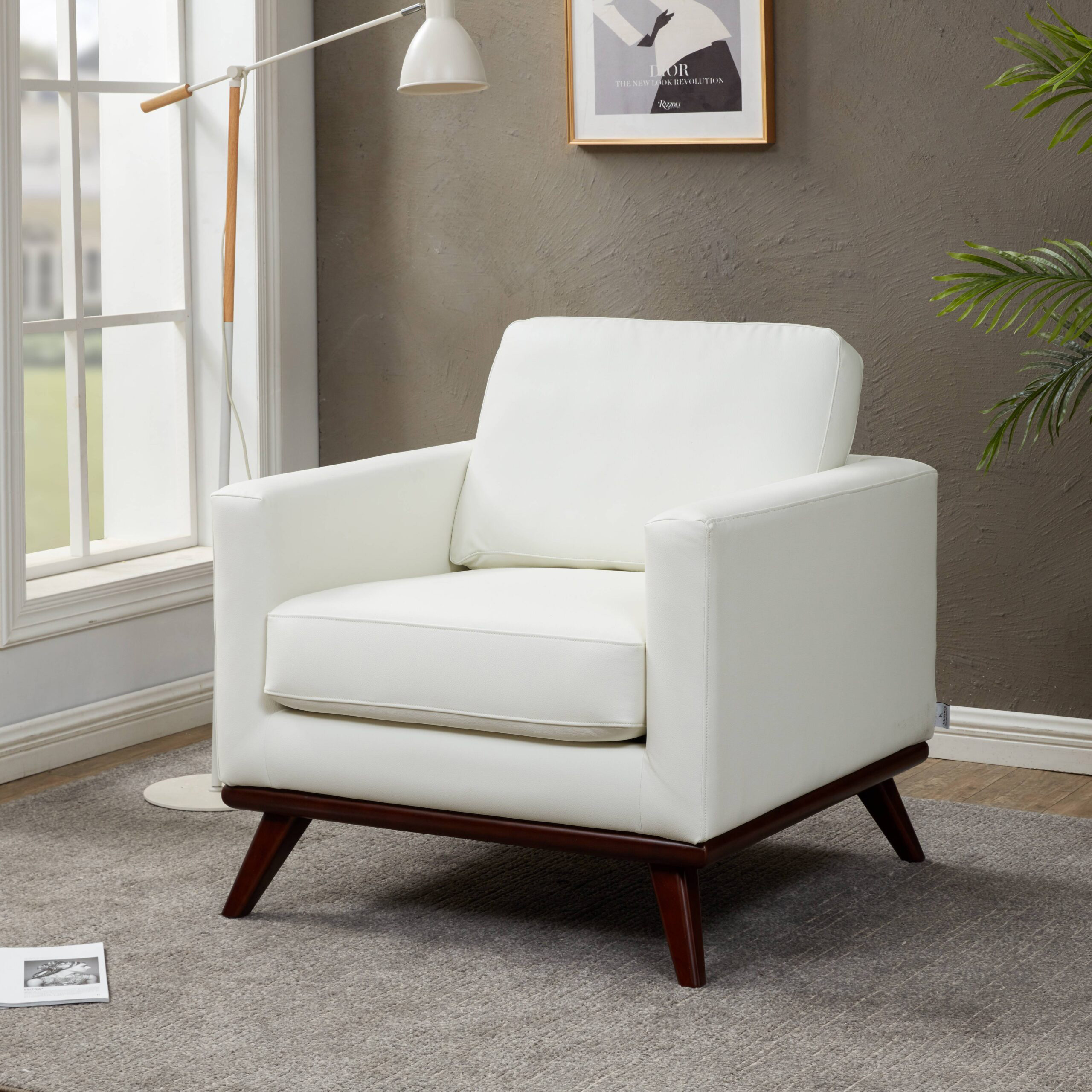 LeisureMod™ Chester Modern Leather Accent Arm Chair With Birch Wood Base - White