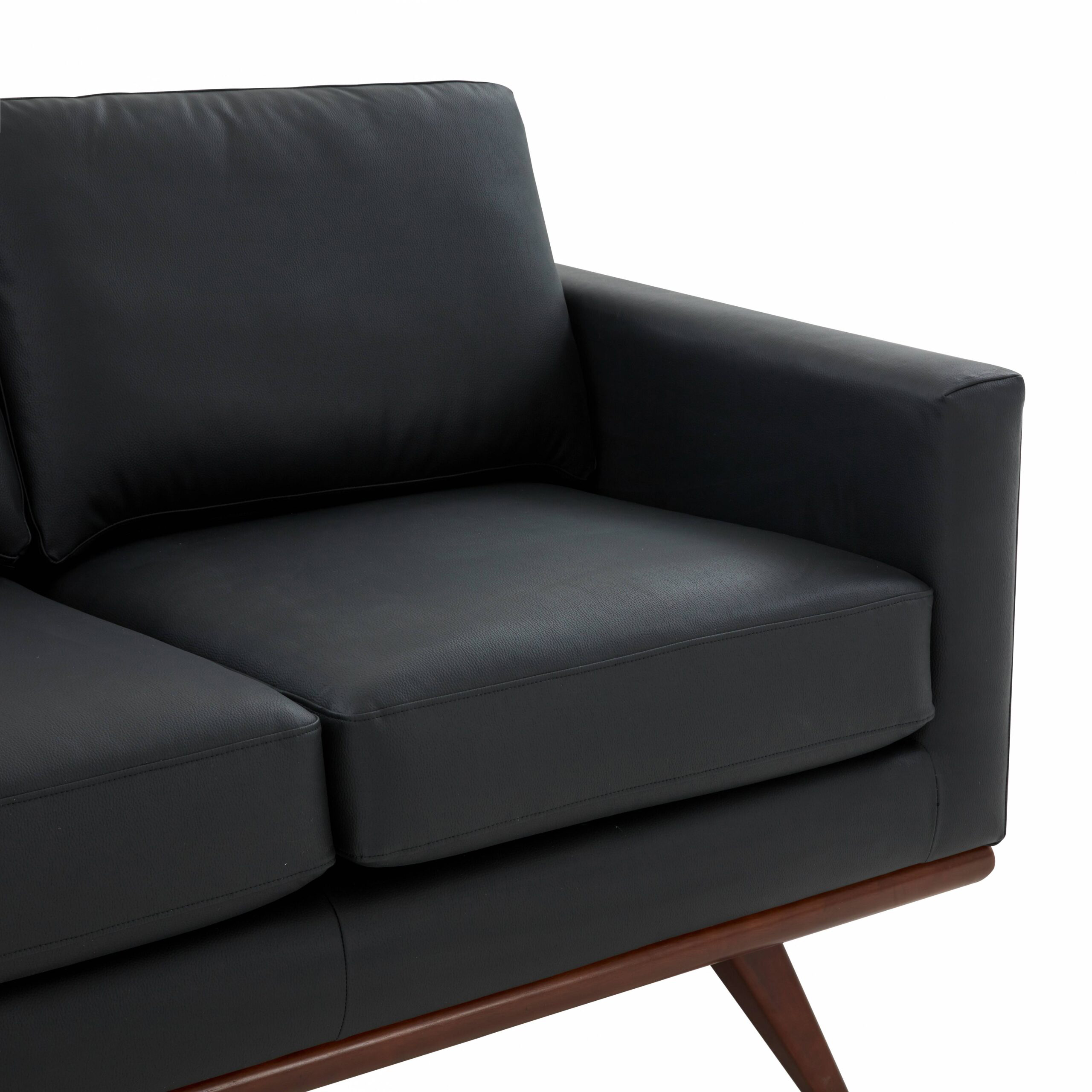 LeisureMod Chester Modern Leather Loveseat With Birch Wood Base - Black