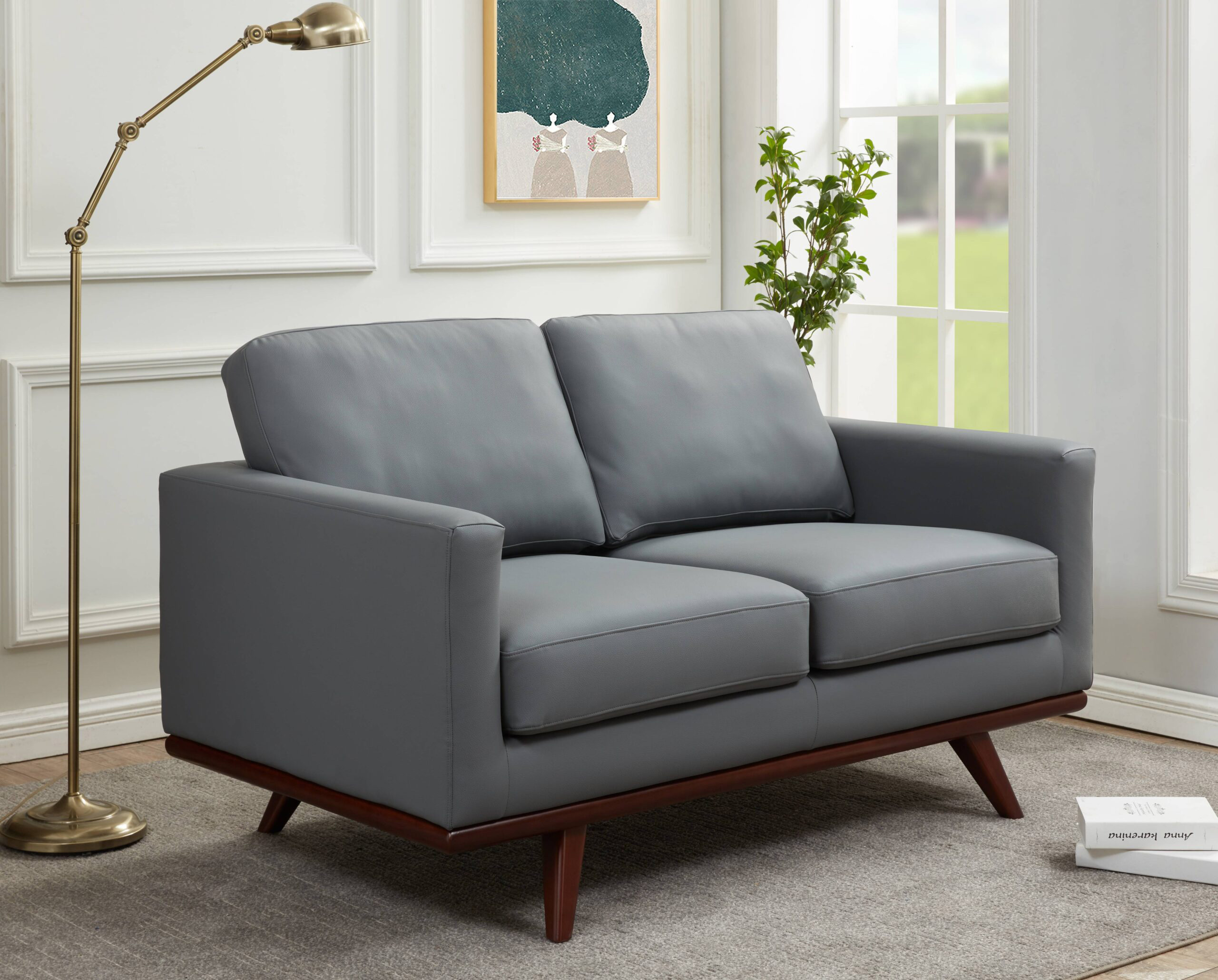 LeisureMod Chester Modern Leather Loveseat With Birch Wood Base - Gray