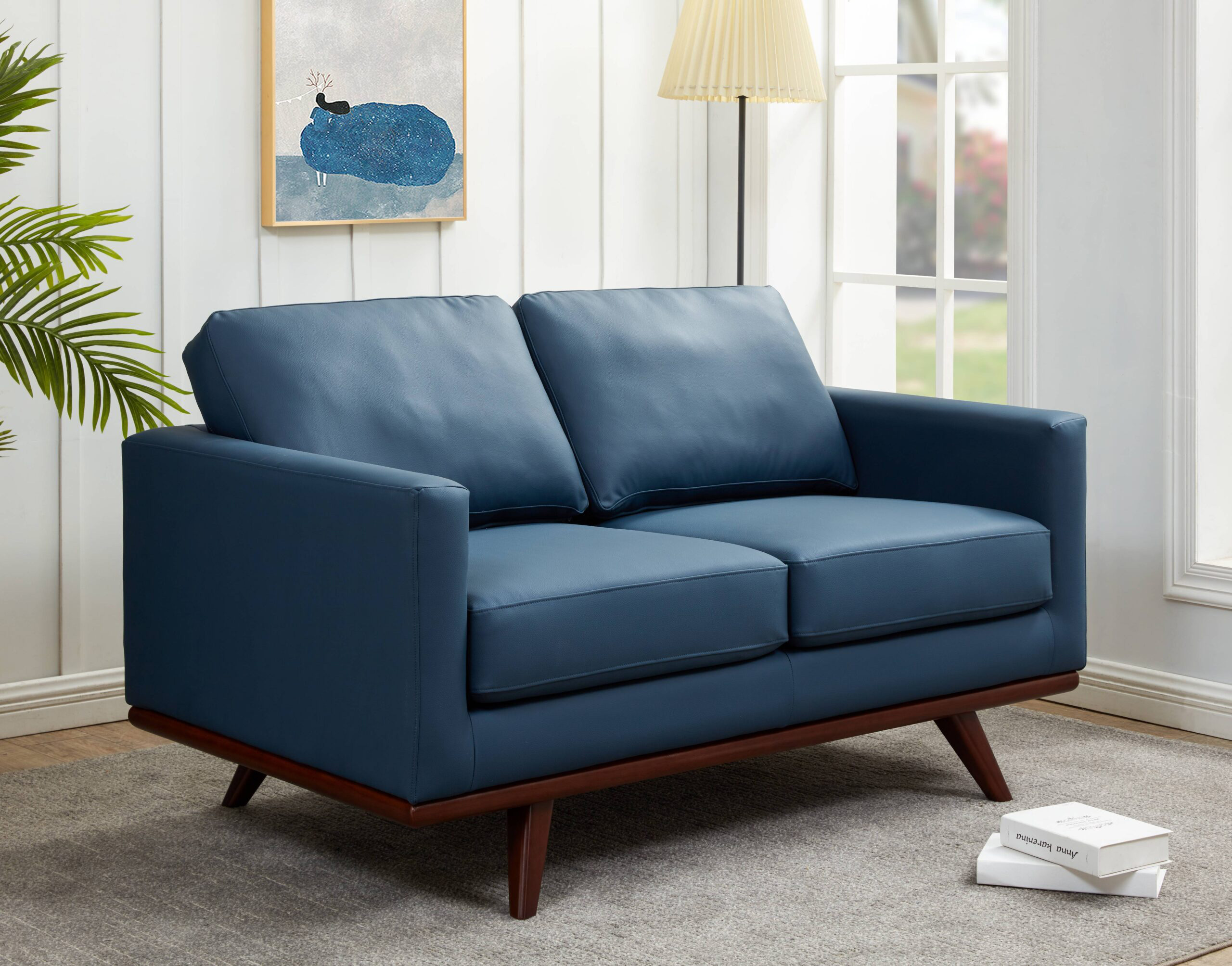 LeisureMod Chester Modern Leather Loveseat With Birch Wood Base - Navy Blue