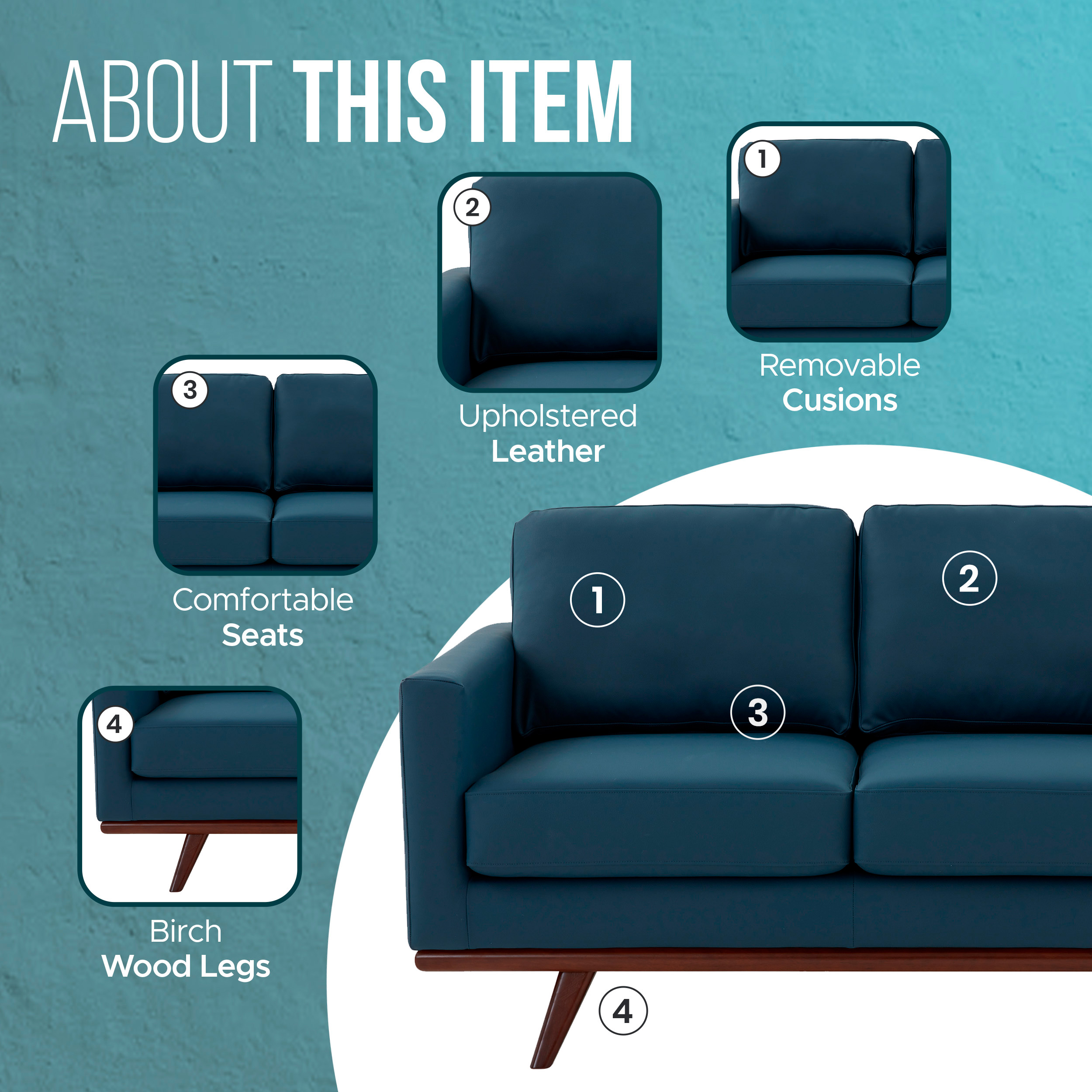 LeisureMod Chester Modern Leather Loveseat With Birch Wood Base - Navy Blue