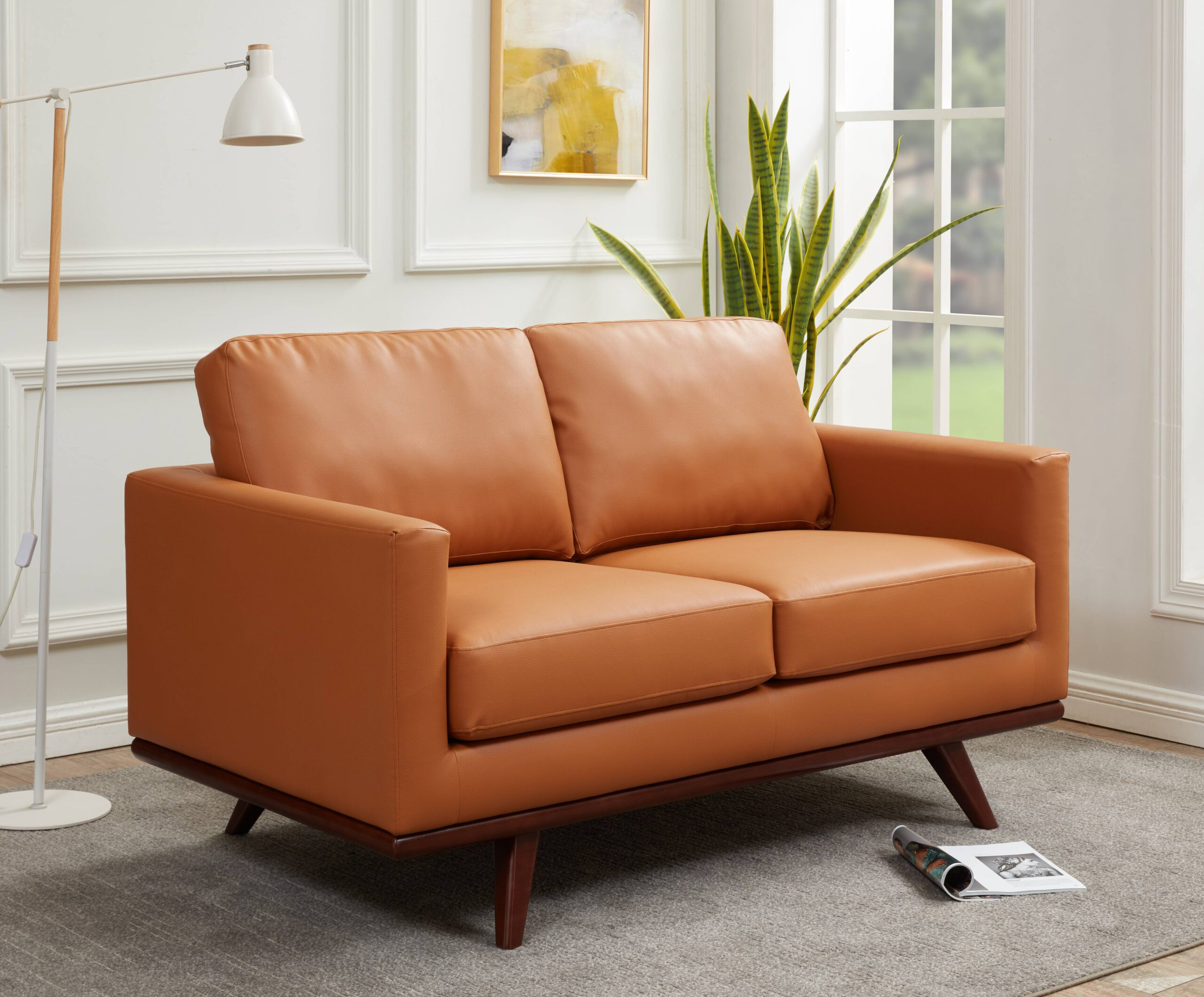 LeisureMod Chester Modern Leather Loveseat With Birch Wood Base - Cognac Tan