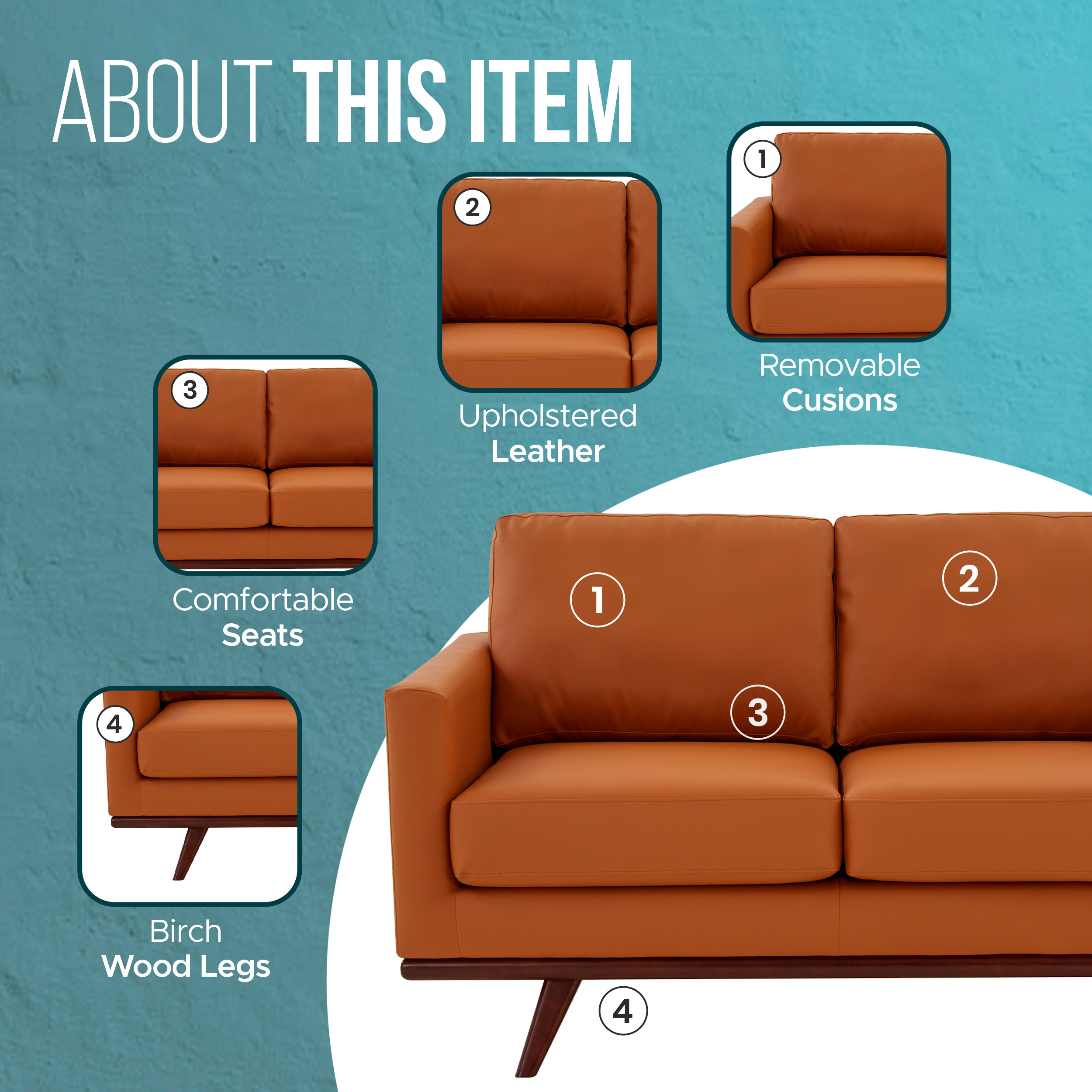 LeisureMod Chester Modern Leather Loveseat With Birch Wood Base - Cognac Tan