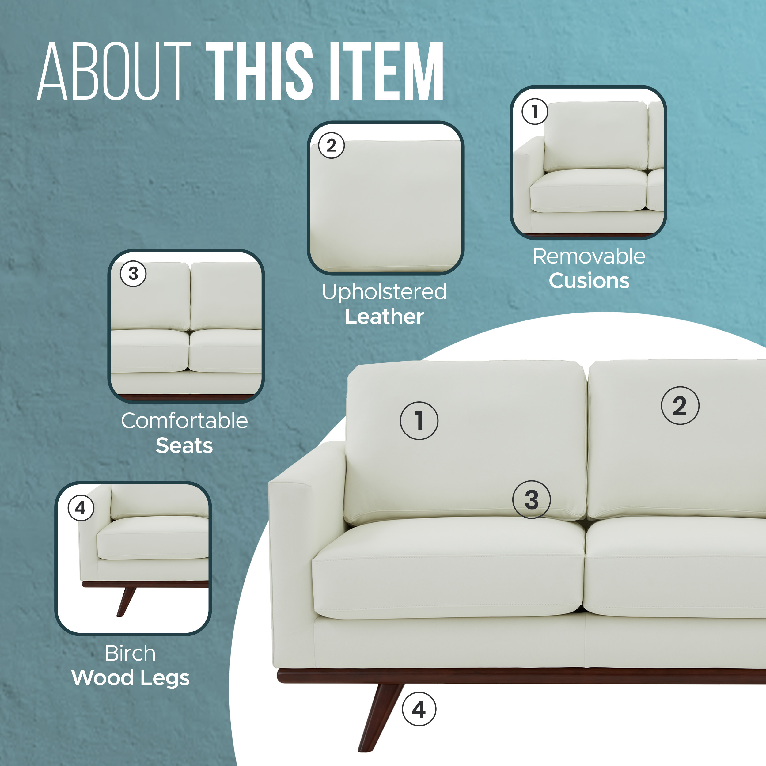 LeisureMod Chester Modern Leather Loveseat With Birch Wood Base - White