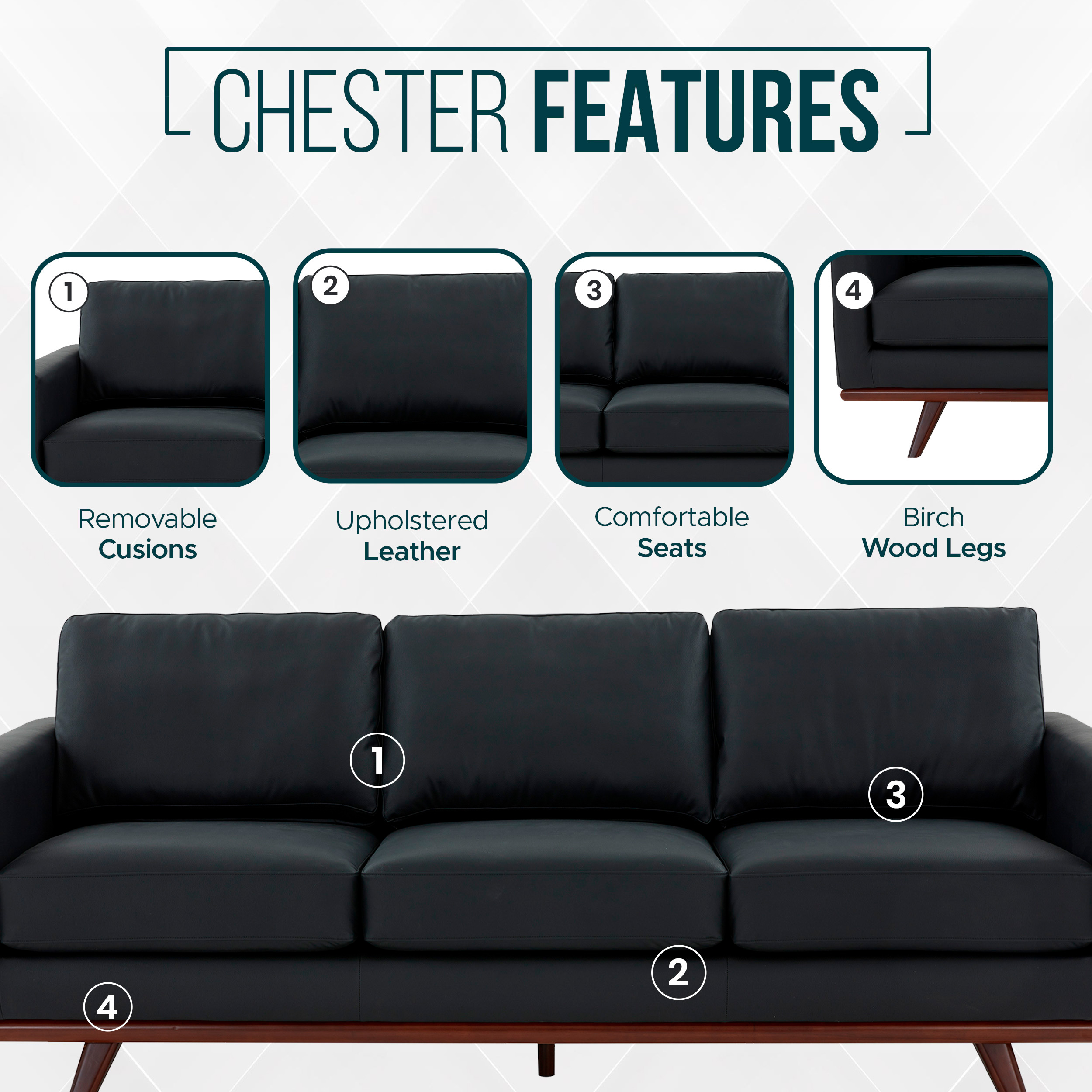 LeisureMod Chester Modern Leather Sofa With Birch Wood Base - Black