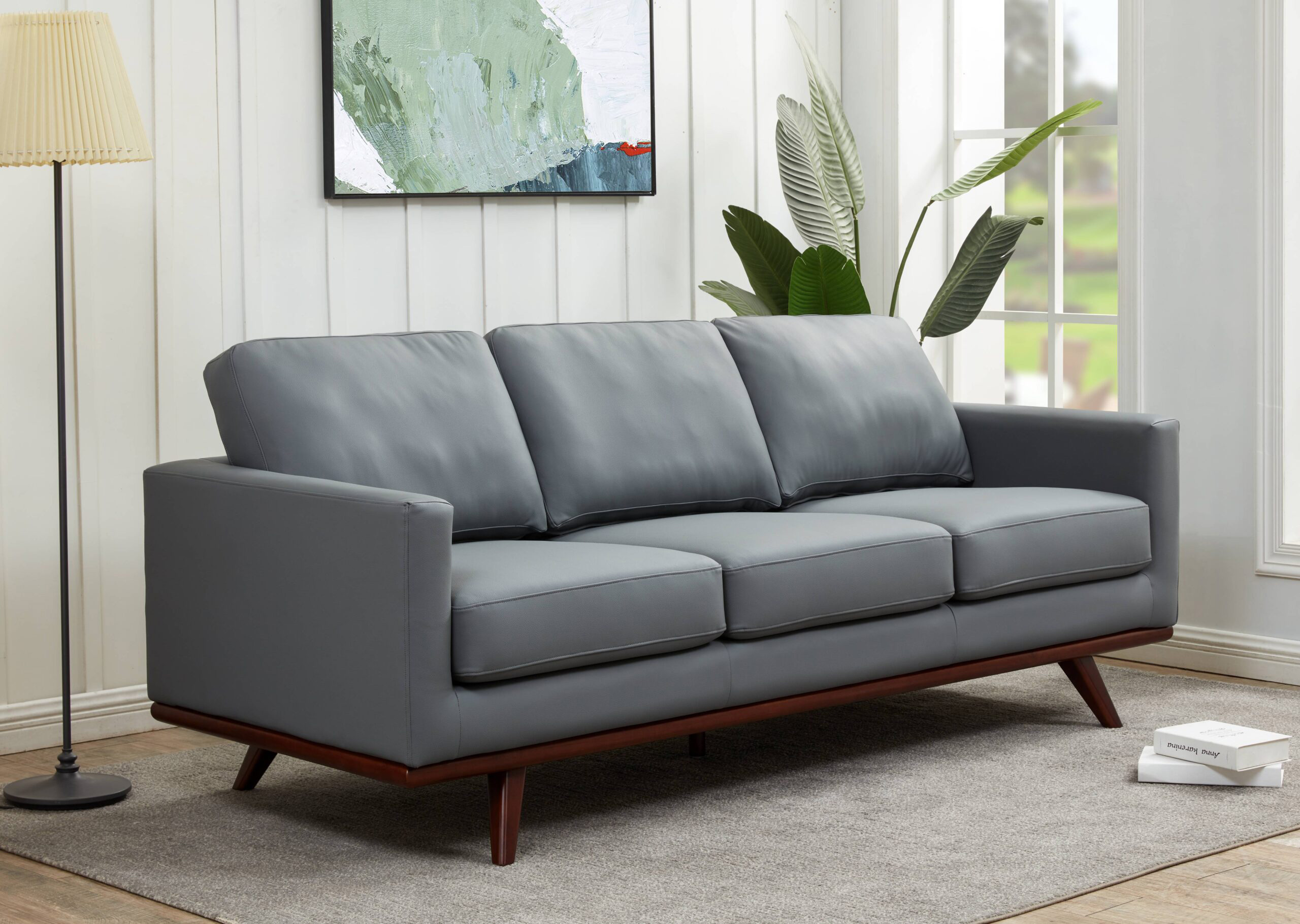 LeisureMod Chester Modern Leather Sofa With Birch Wood Base - Gray