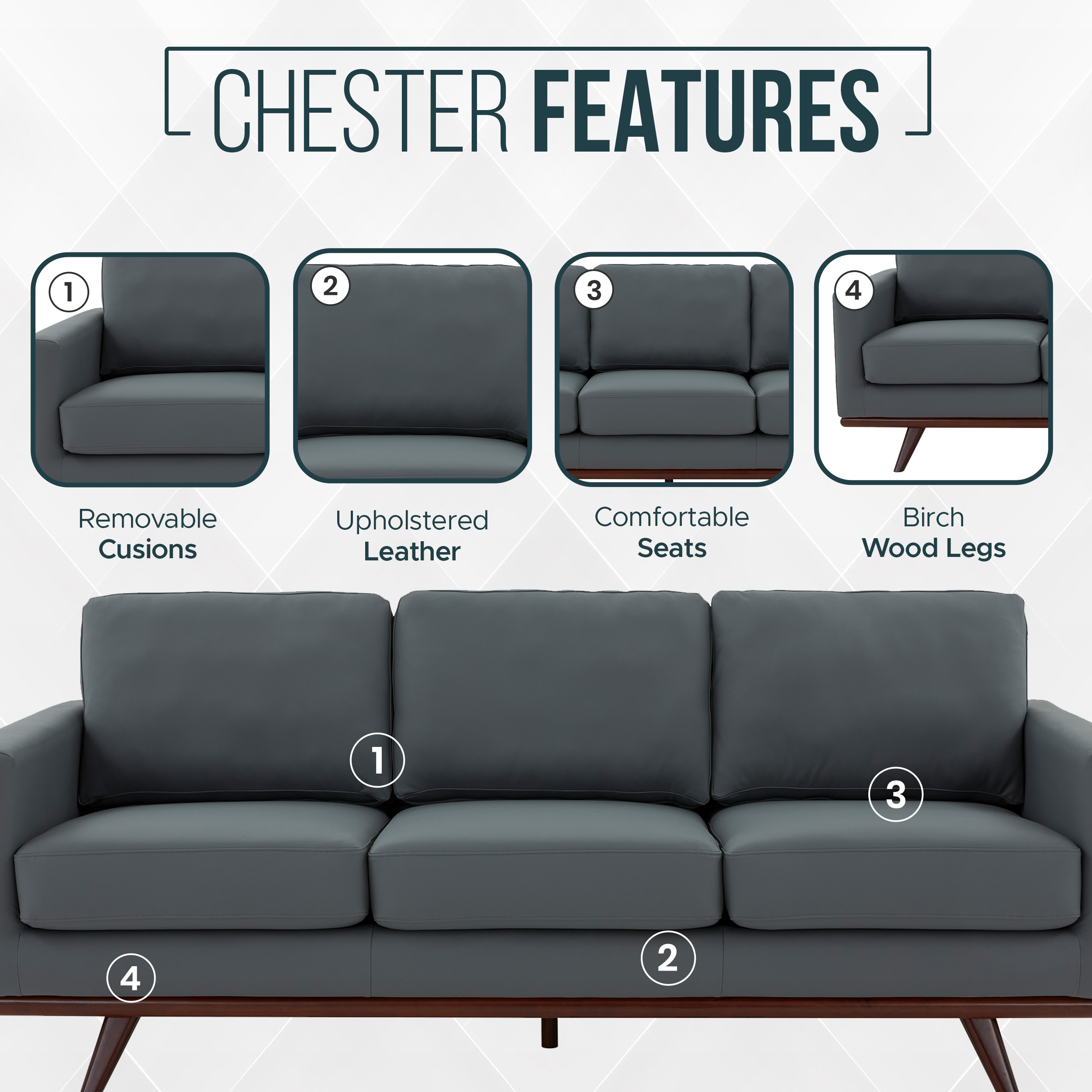 LeisureMod Chester Modern Leather Sofa With Birch Wood Base - Gray