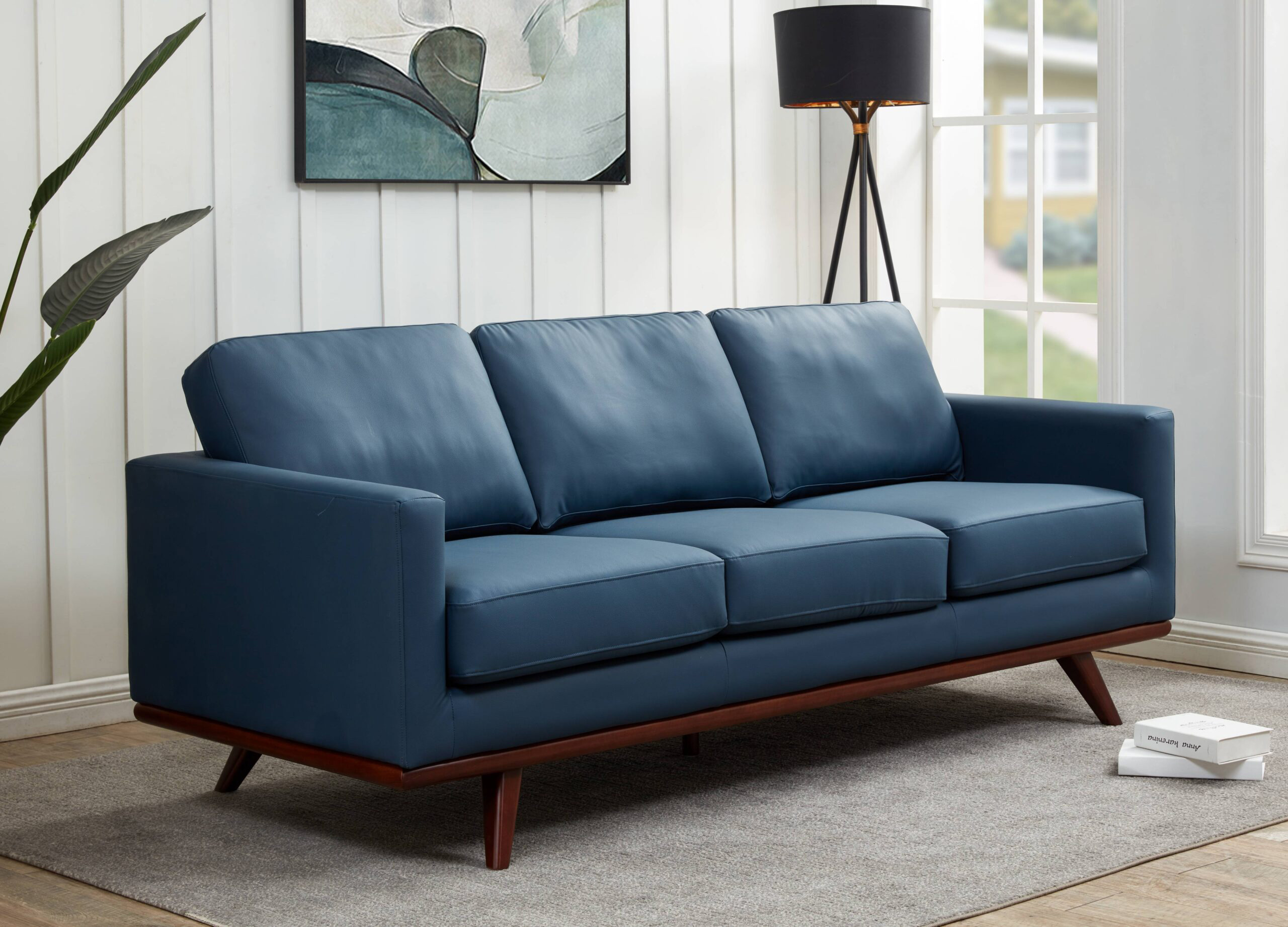 LeisureMod Chester Modern Leather Sofa With Birch Wood Base - Navy Blue