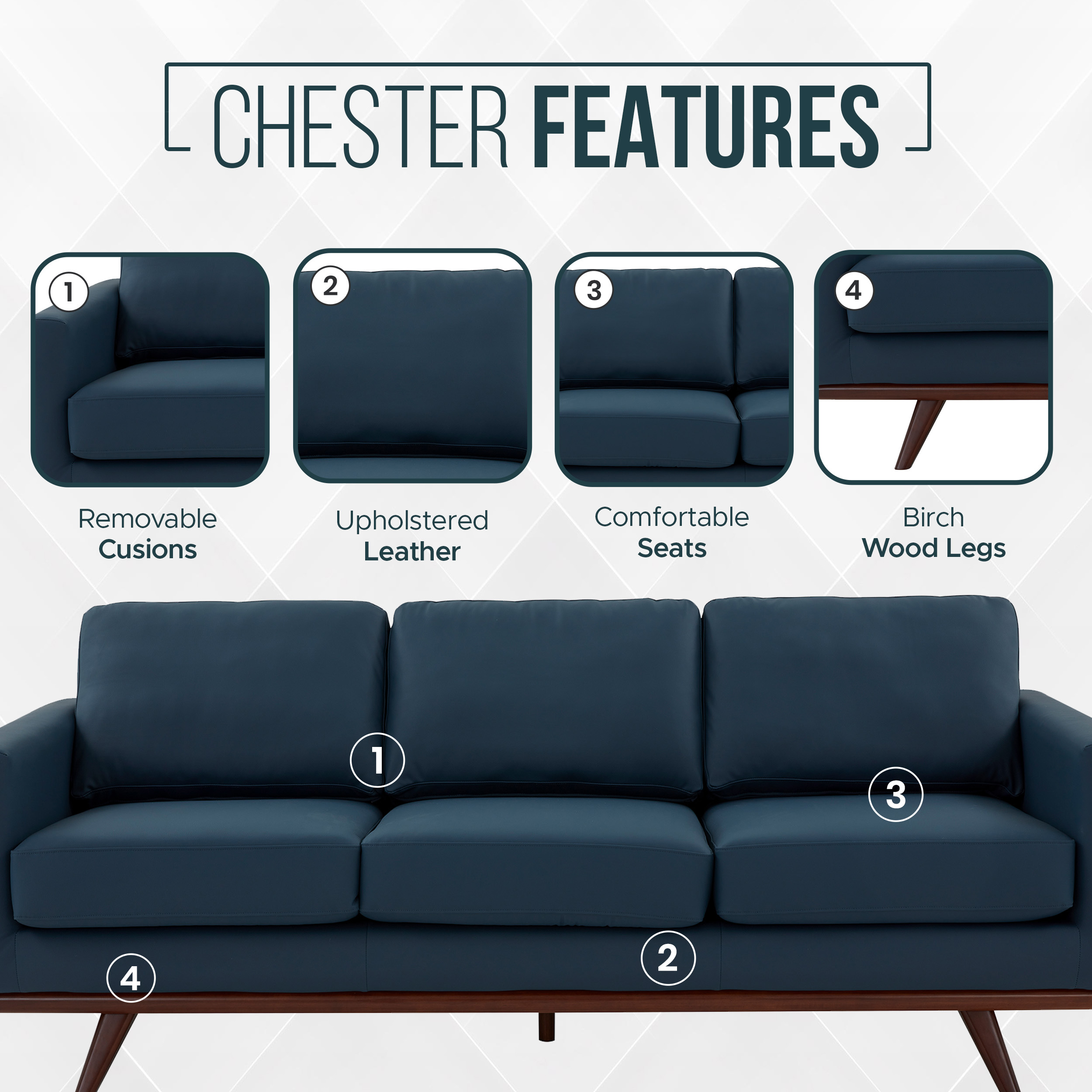 LeisureMod Chester Modern Leather Sofa With Birch Wood Base - Navy Blue