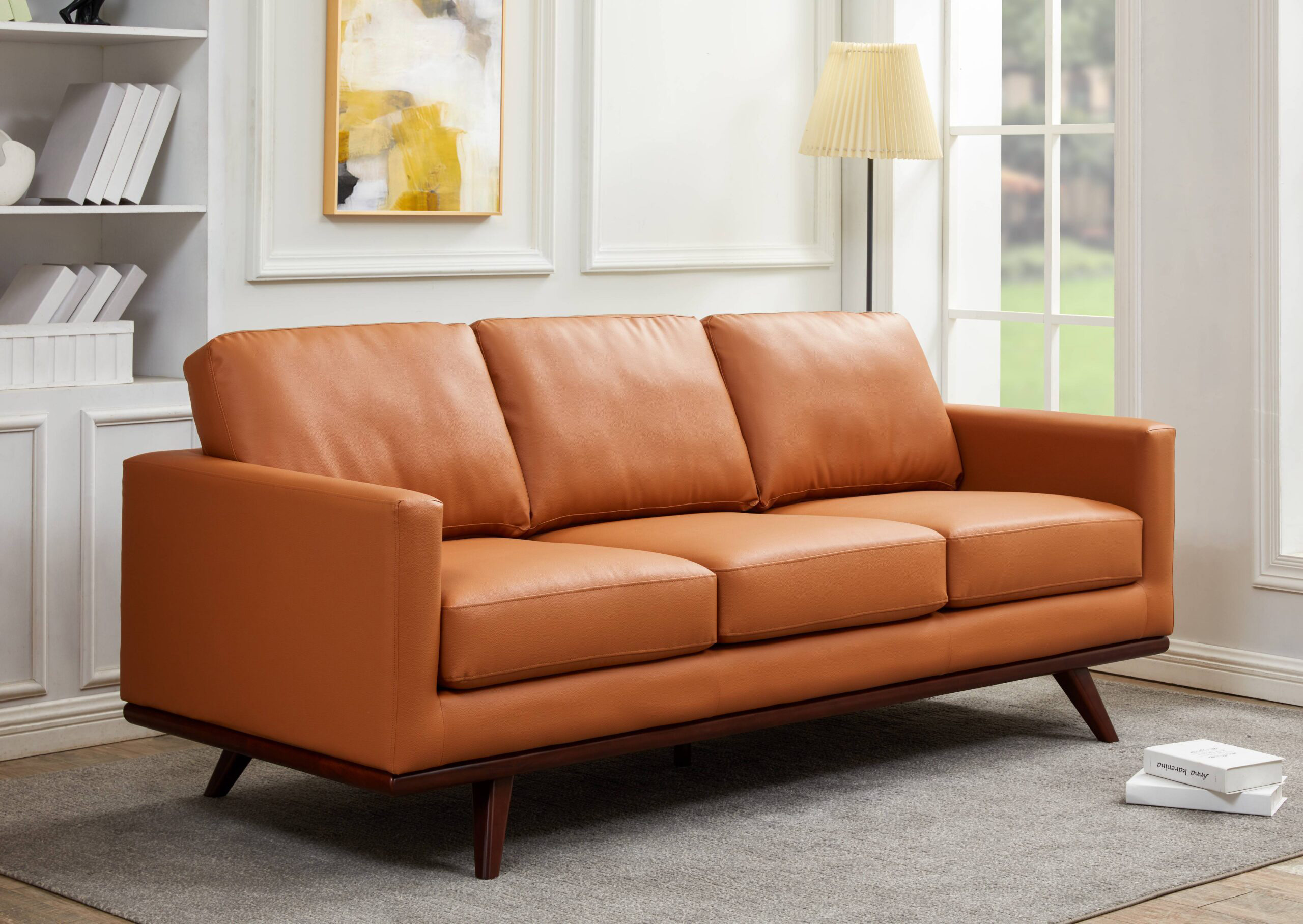 LeisureMod Chester Modern Leather Sofa With Birch Wood Base - Cognac Tan