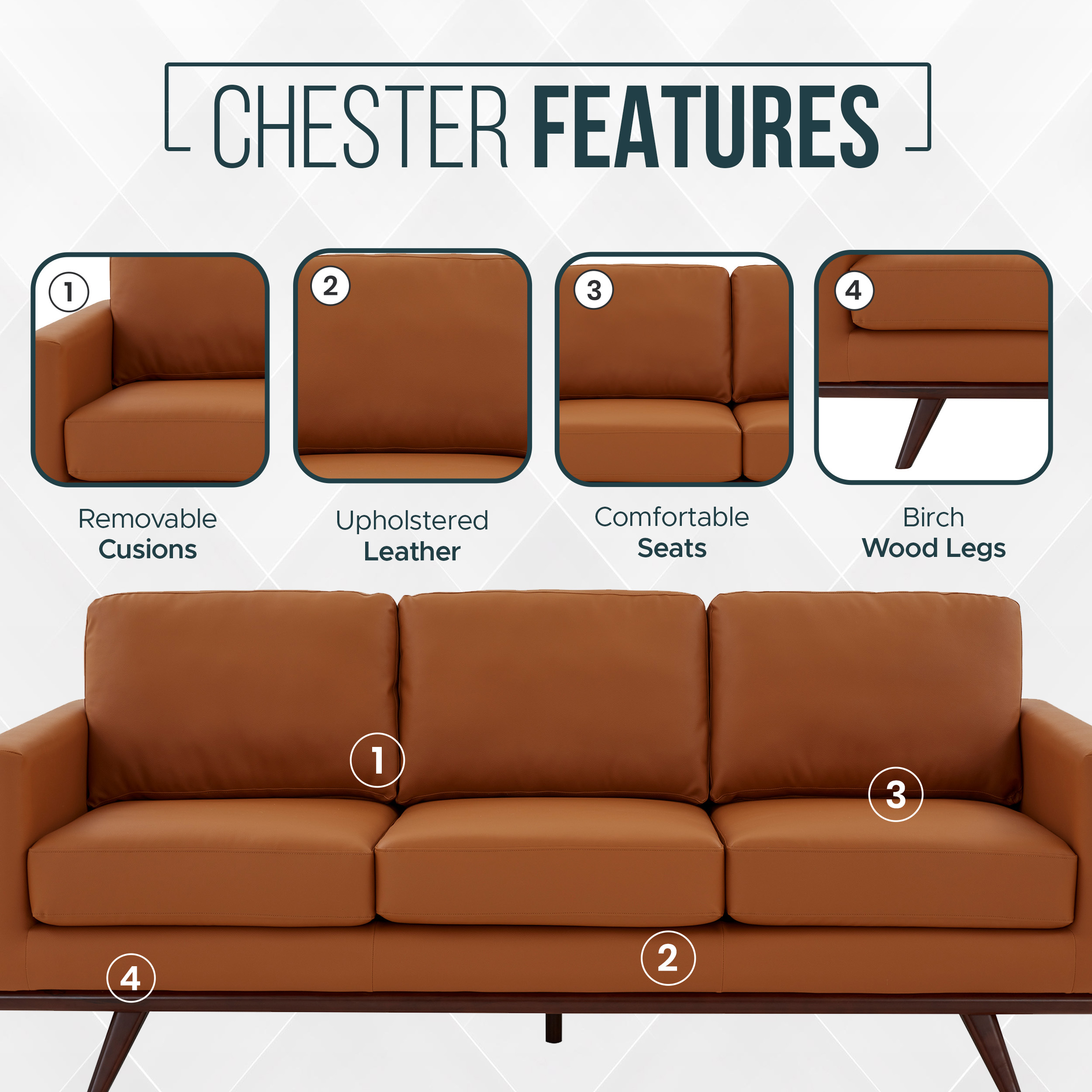 LeisureMod Chester Modern Leather Sofa With Birch Wood Base - Cognac Tan