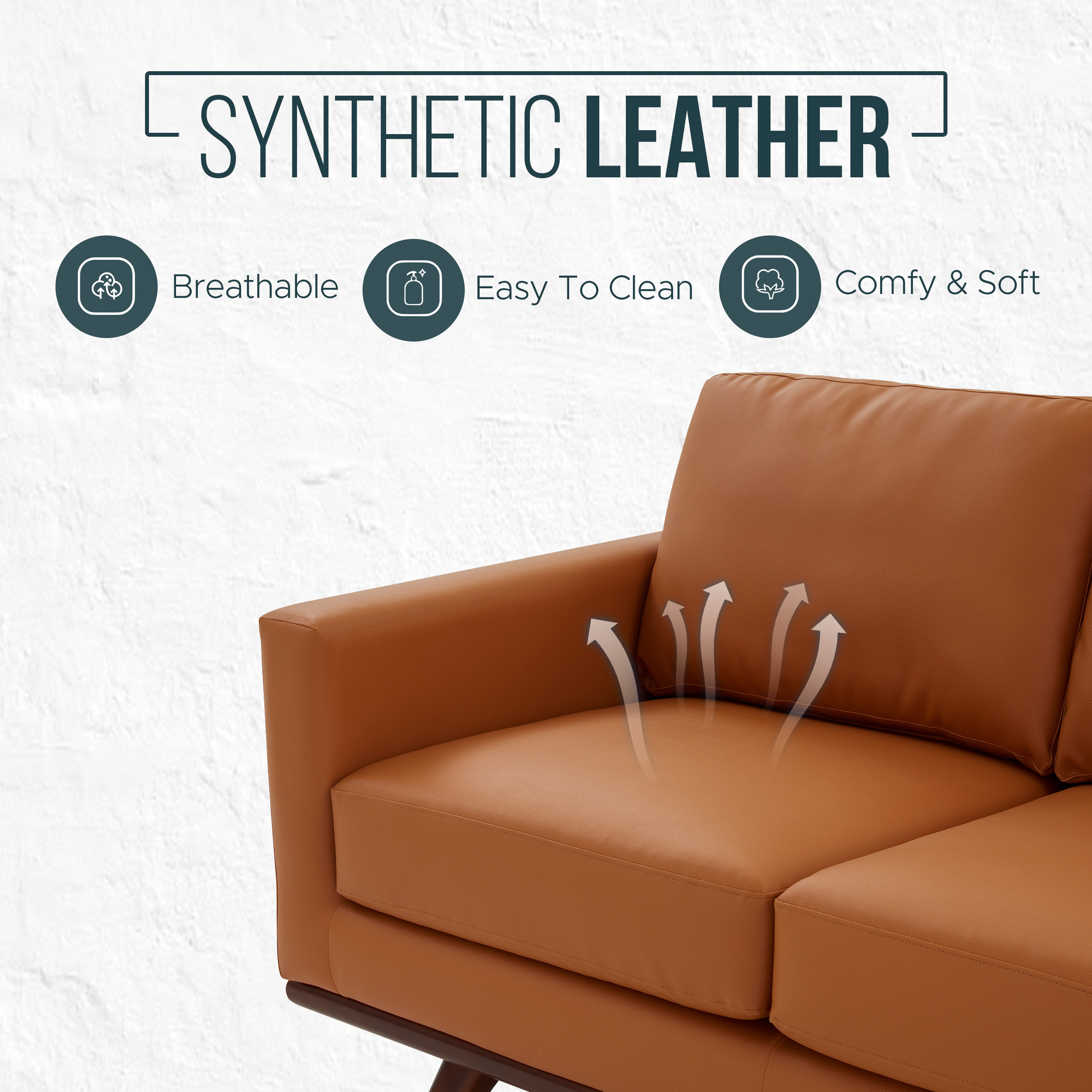 LeisureMod Chester Modern Leather Sofa With Birch Wood Base - Cognac Tan