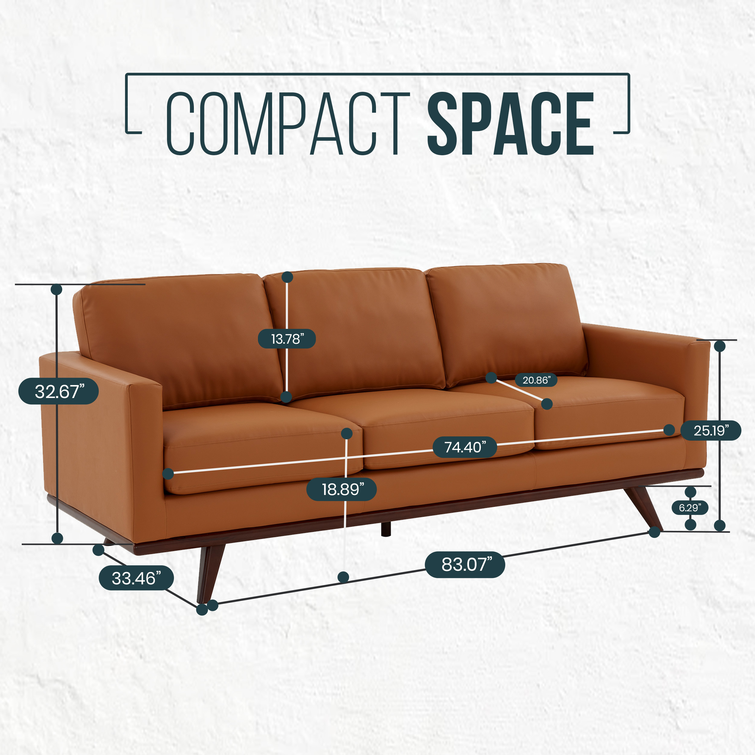 LeisureMod Chester Modern Leather Sofa With Birch Wood Base - Cognac Tan