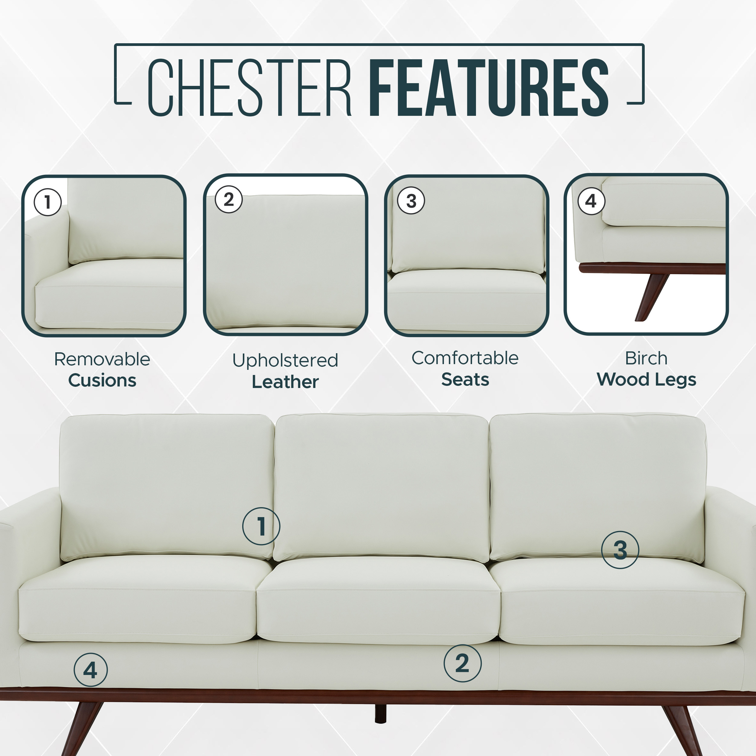 LeisureMod Chester Modern Leather Sofa With Birch Wood Base - White