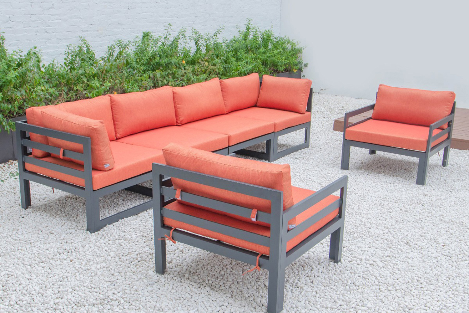 LeisureMod Chelsea 6-Piece Patio Armchair Sectional Black Aluminum with Cushions - Orange