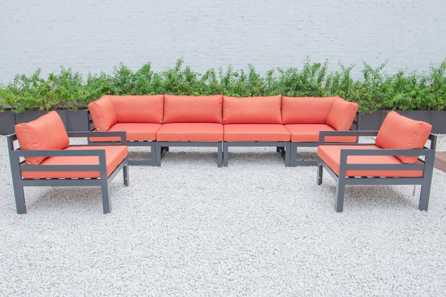 LeisureMod Chelsea 6-Piece Patio Armchair Sectional Black Aluminum with Cushions - Orange