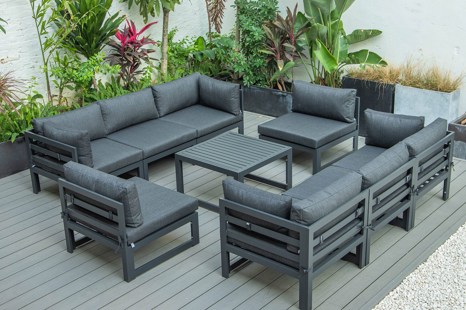 LeisureMod Chelsea 9-Piece Patio Sectional with Coffee Table Black Aluminum with Cushions