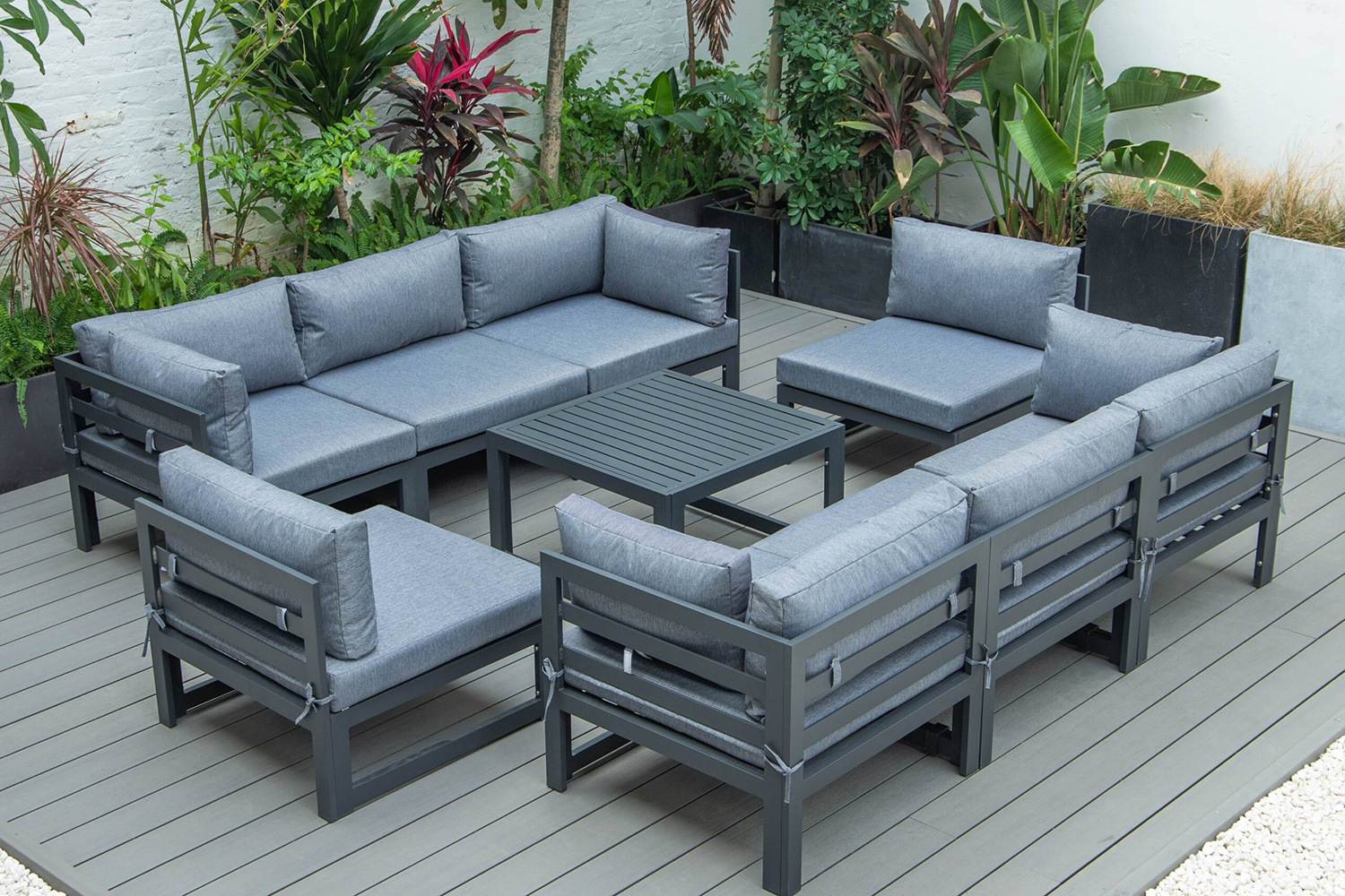 LeisureMod Chelsea 9-Piece Patio Sectional with Coffee Table Black Aluminum with Cushions